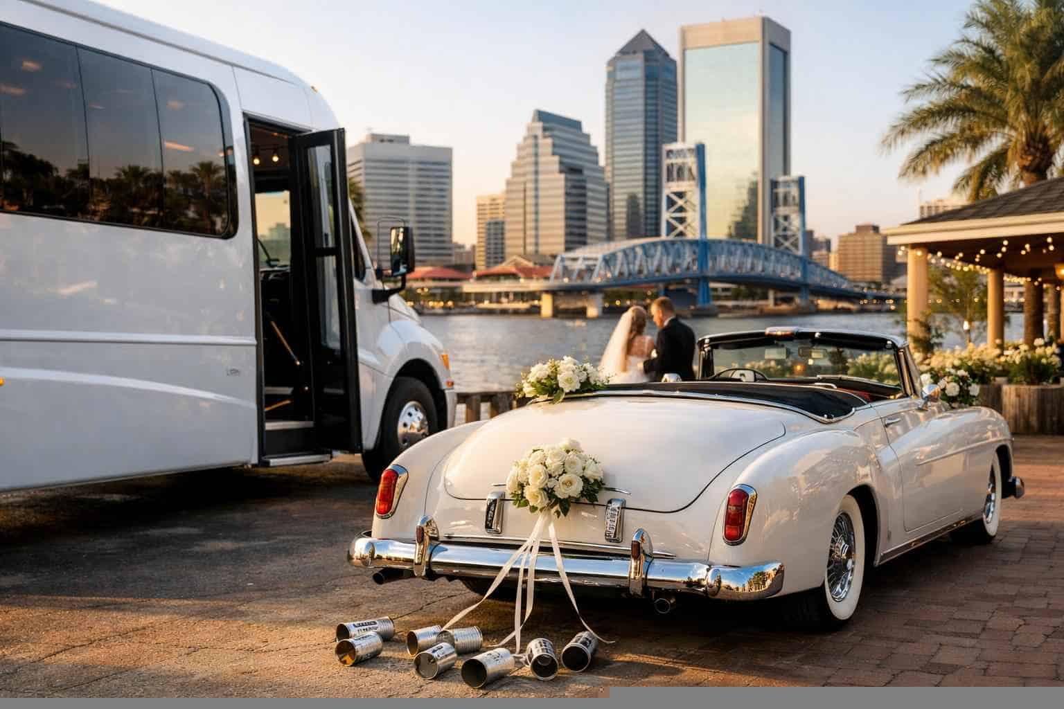 Do you provide wedding day shuttles and a classic vintage getaway car in Jacksonville Florida?