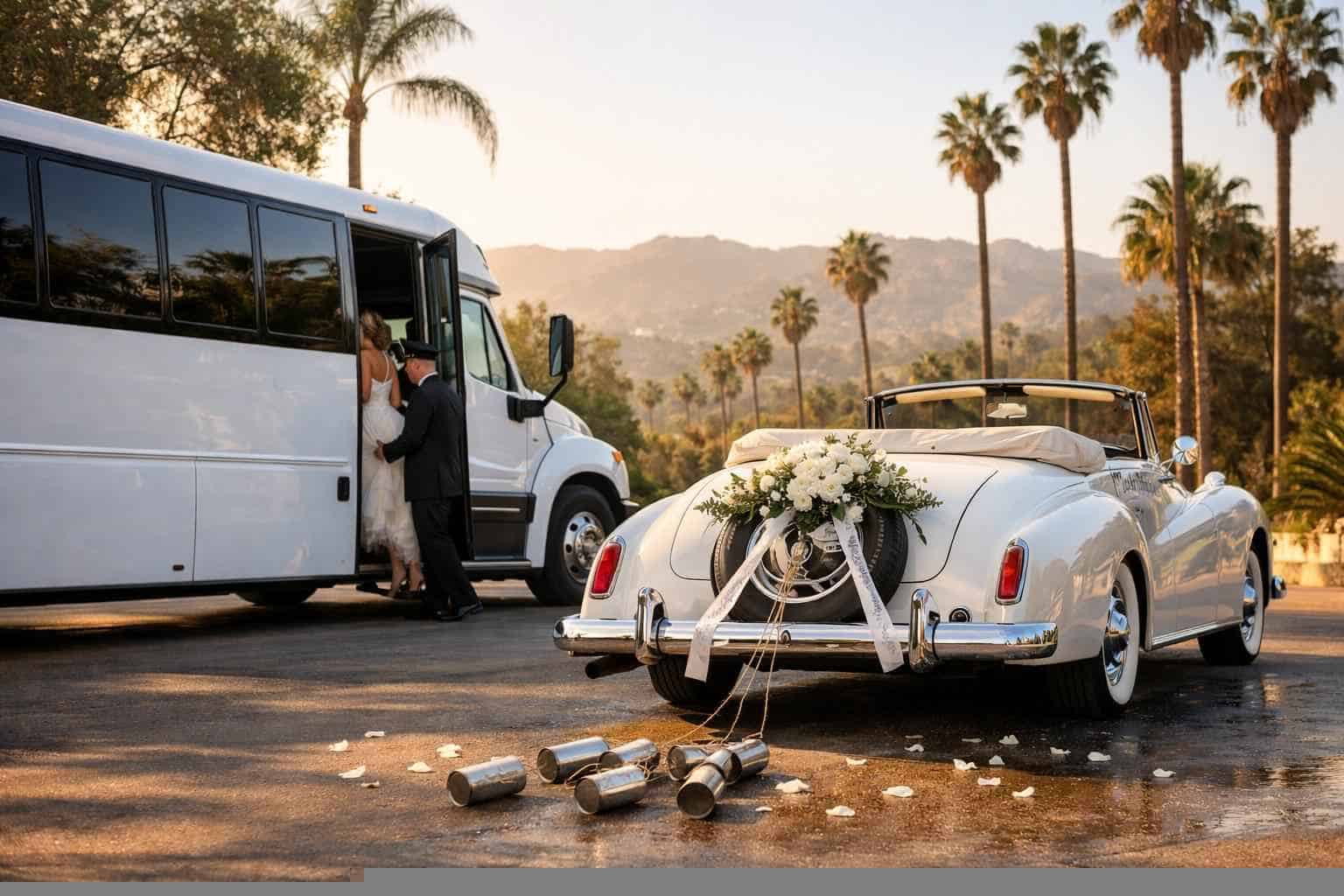 Do you provide wedding day shuttles and a classic vintage getaway car in Los Angeles California?