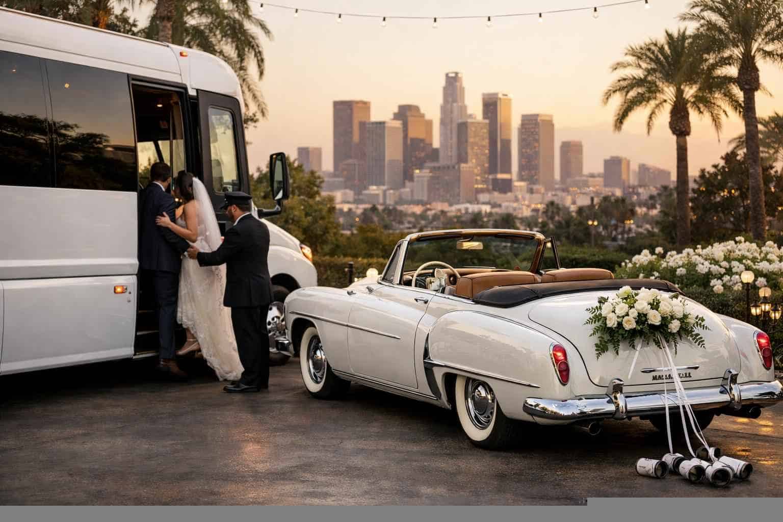 Do you provide wedding day shuttles and a classic vintage getaway car in Los Angeles California?