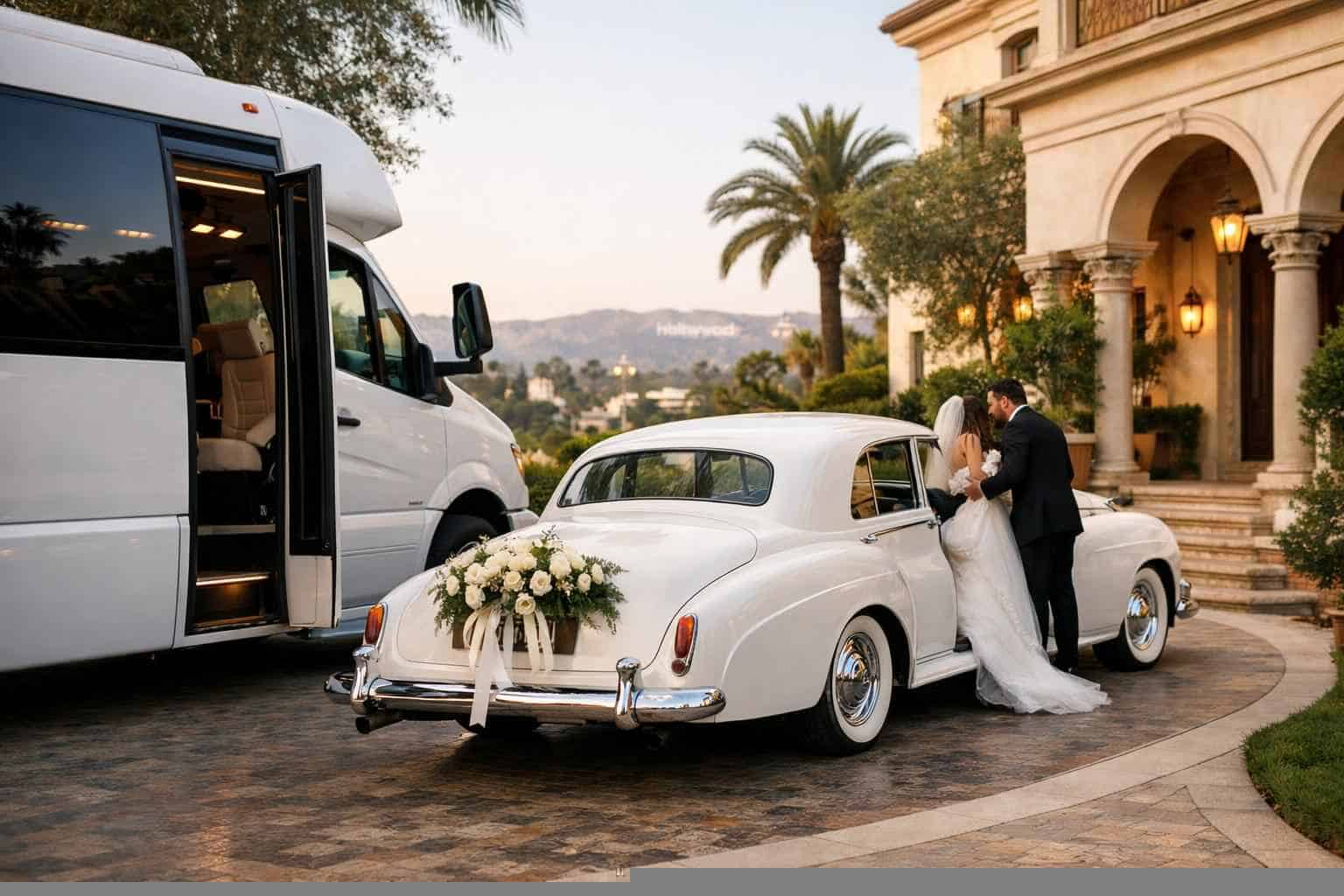 Do you provide wedding day shuttles and a classic vintage getaway car in Los Angeles California?