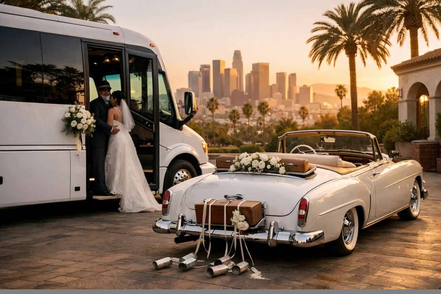 Do you provide wedding day shuttles and a classic vintage getaway car in Los Angeles California?