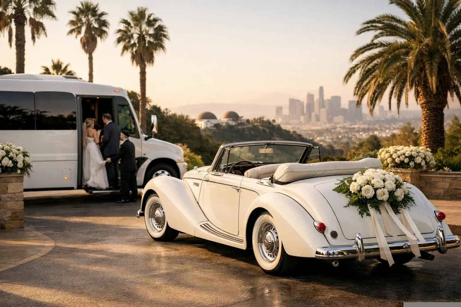 Do you provide wedding day shuttles and a classic vintage getaway car in Los Angeles California?