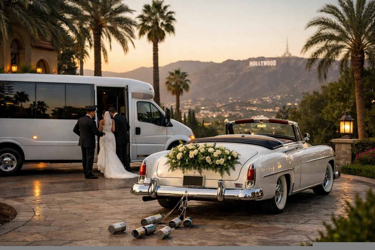 Do you provide wedding day shuttles and a classic vintage getaway car in Los Angeles California?