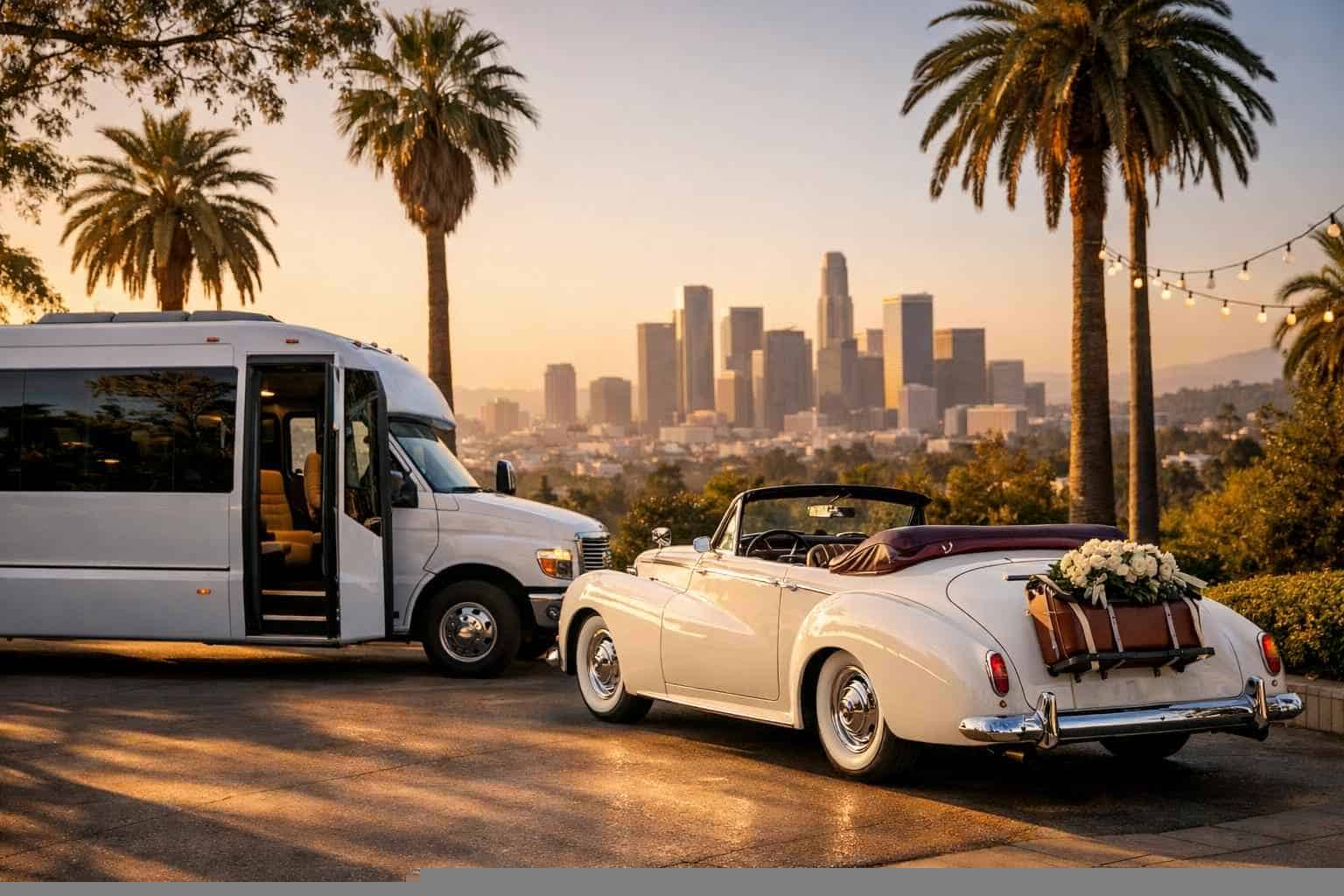 Do you provide wedding day shuttles and a classic vintage getaway car in Los Angeles California?