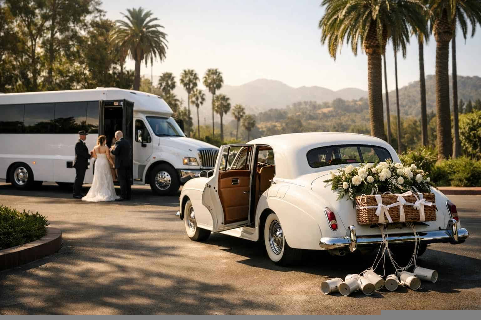 Do you provide wedding day shuttles and a classic vintage getaway car in Los Angeles California?