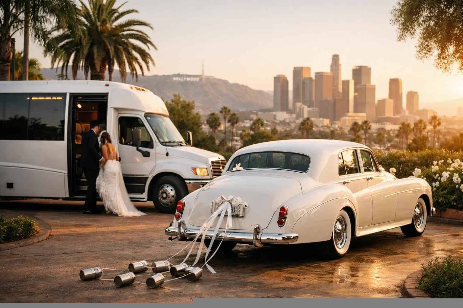 Do you provide wedding day shuttles and a classic vintage getaway car in Los Angeles California