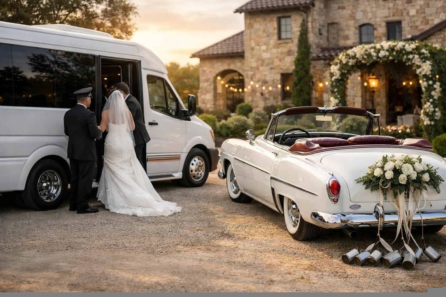 Do you provide wedding day shuttles and a classic vintage getaway car in McKinney Texas?