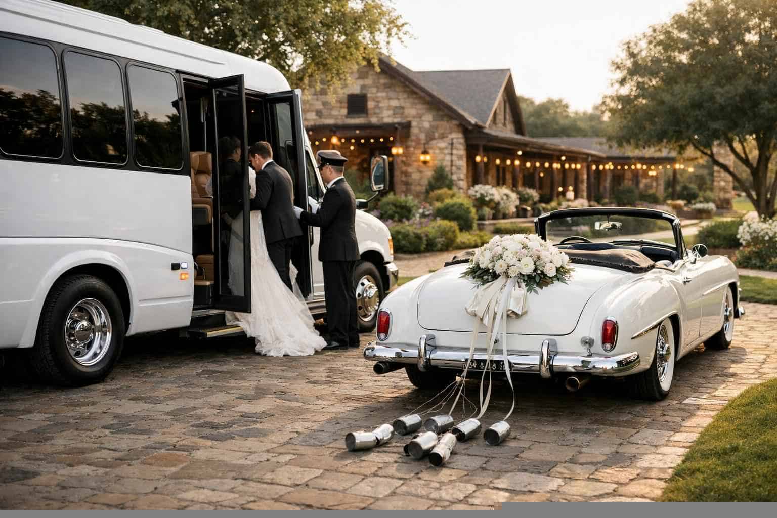 Do you provide wedding day shuttles and a classic vintage getaway car in McKinney Texas?