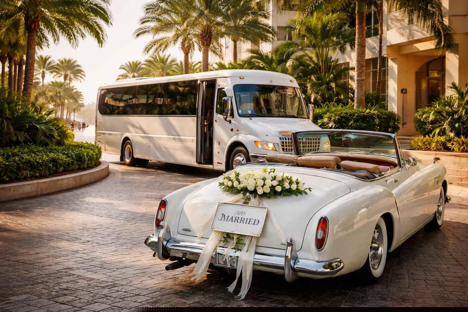Do you provide wedding day shuttles and a classic vintage getaway car in Miami Florida?