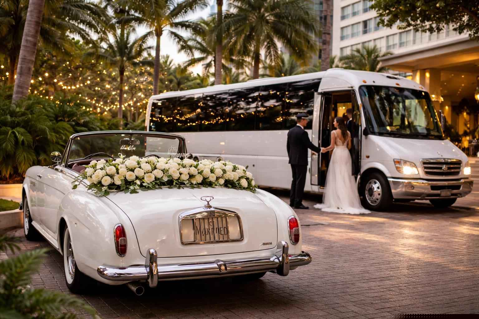 Do you provide wedding day shuttles and a classic vintage getaway car in Miami Florida?