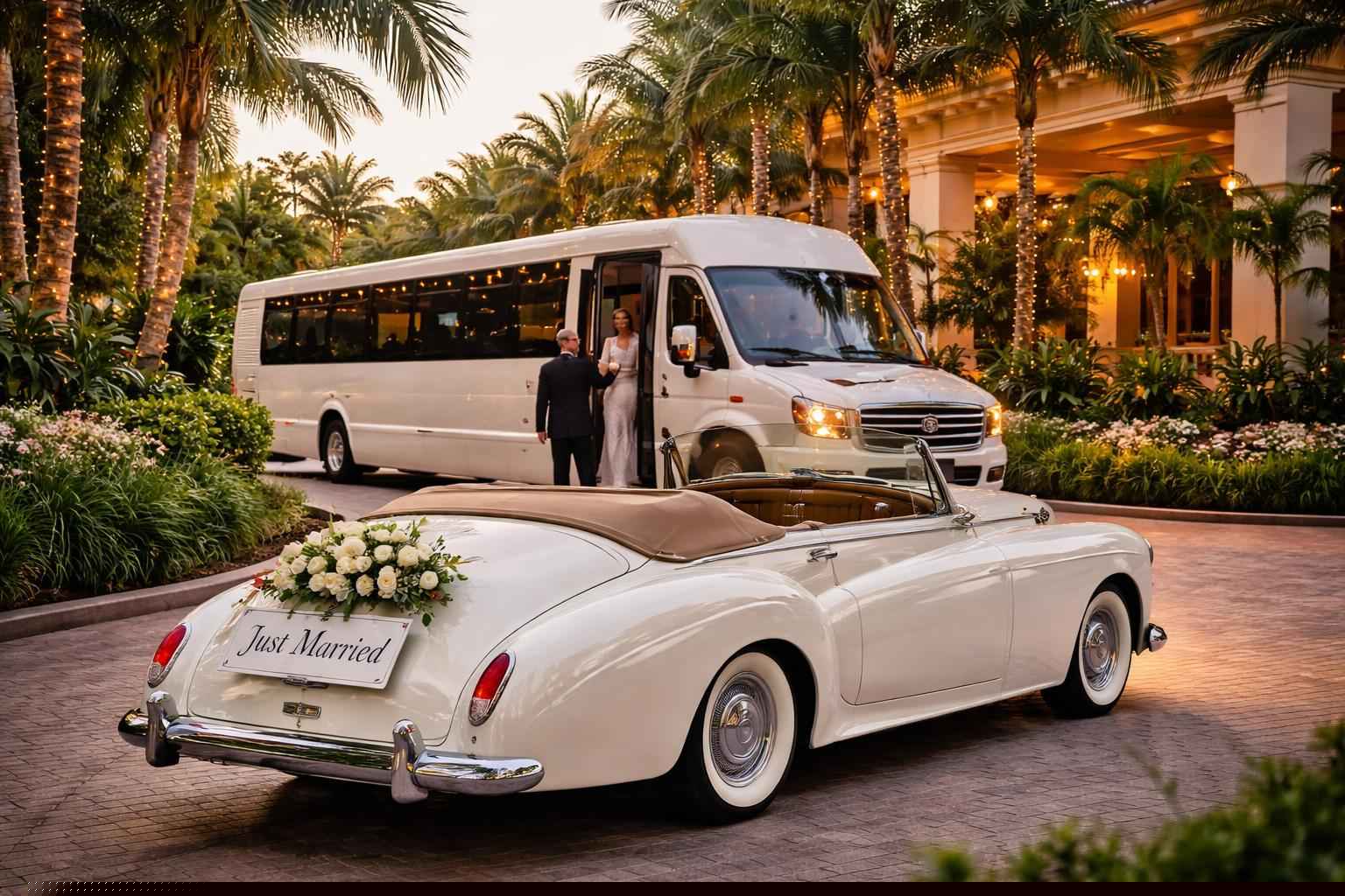 Do you provide wedding day shuttles and a classic vintage getaway car in Miami Florida?