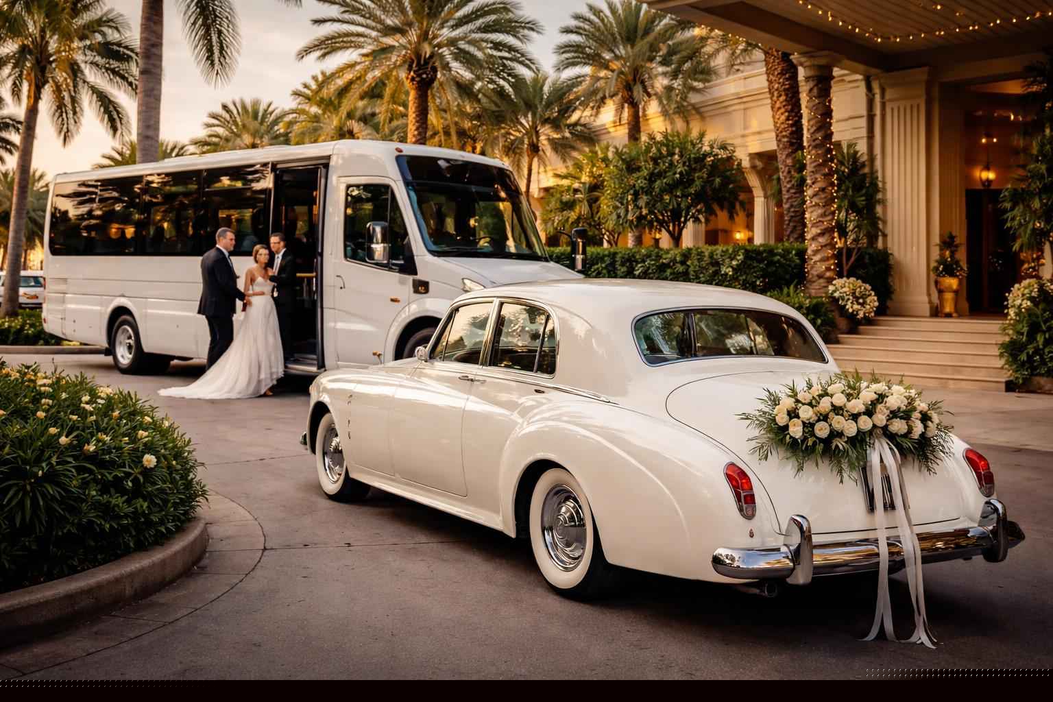Do you provide wedding day shuttles and a classic vintage getaway car in Miami Florida