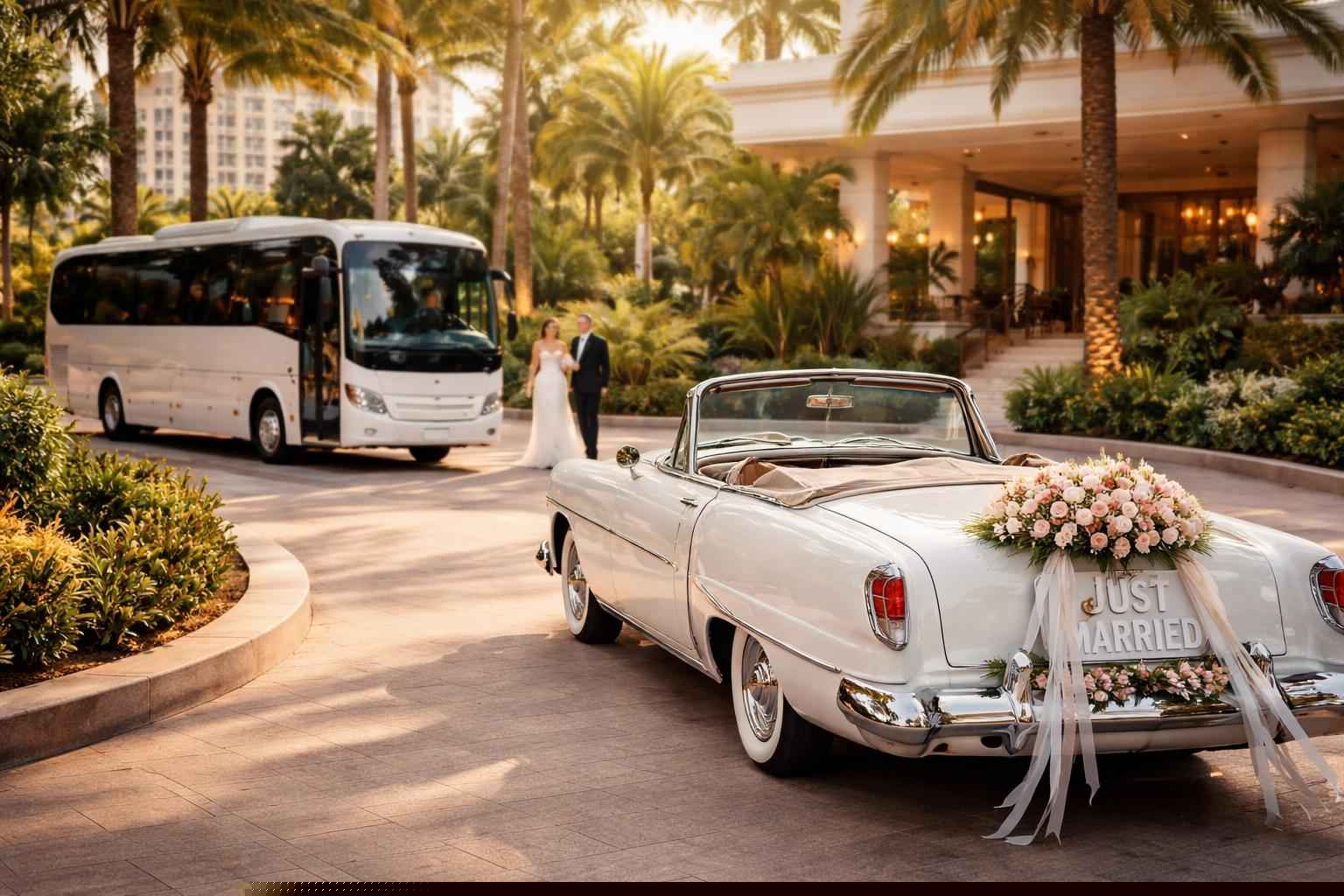 Do you provide wedding day shuttles and a classic vintage getaway car in Miami Florida?