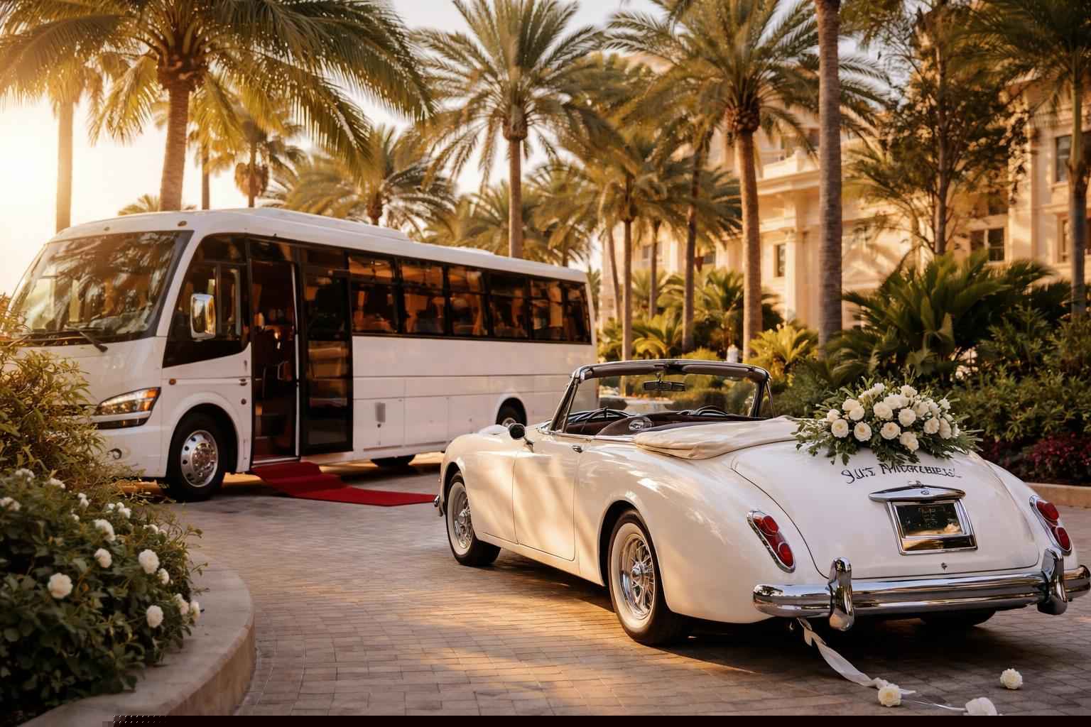 Do you provide wedding day shuttles and a classic vintage getaway car in Miami Florida?