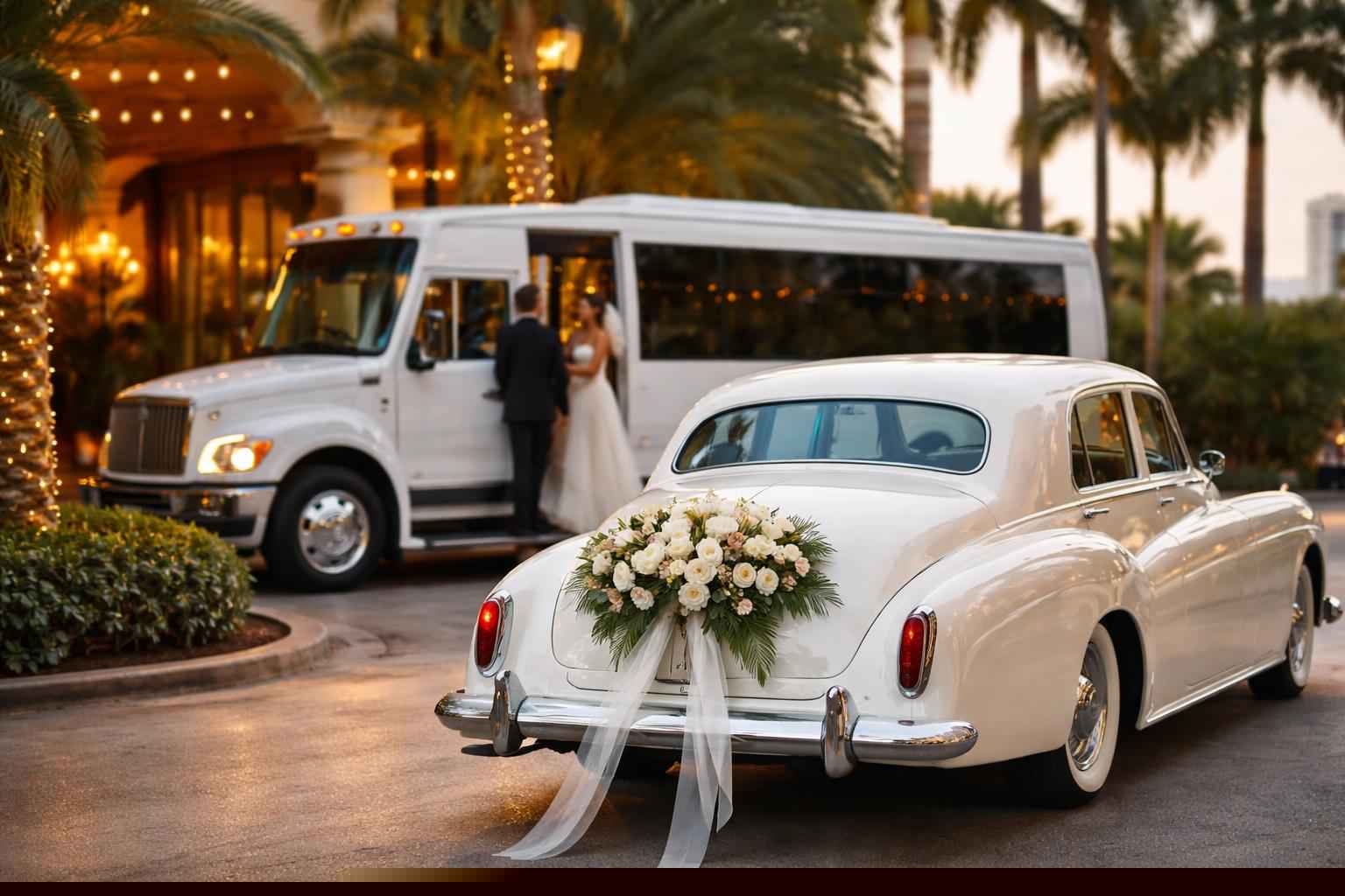 Do you provide wedding day shuttles and a classic vintage getaway car in Miami Florida?