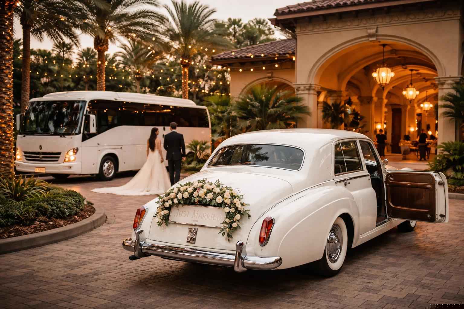 Do you provide wedding day shuttles and a classic vintage getaway car in Orlando Florida?