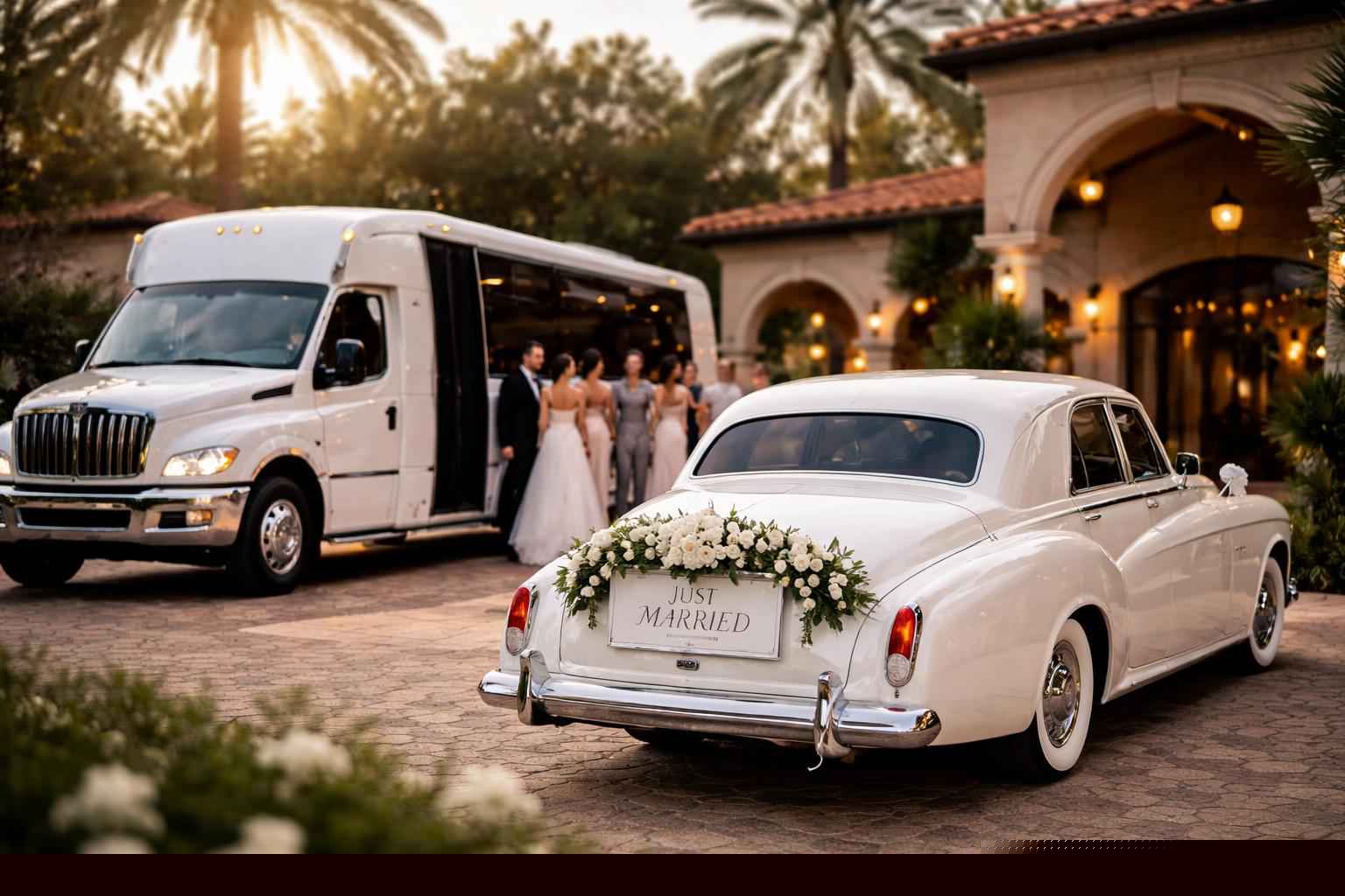 Do you provide wedding day shuttles and a classic vintage getaway car in Orlando Florida?