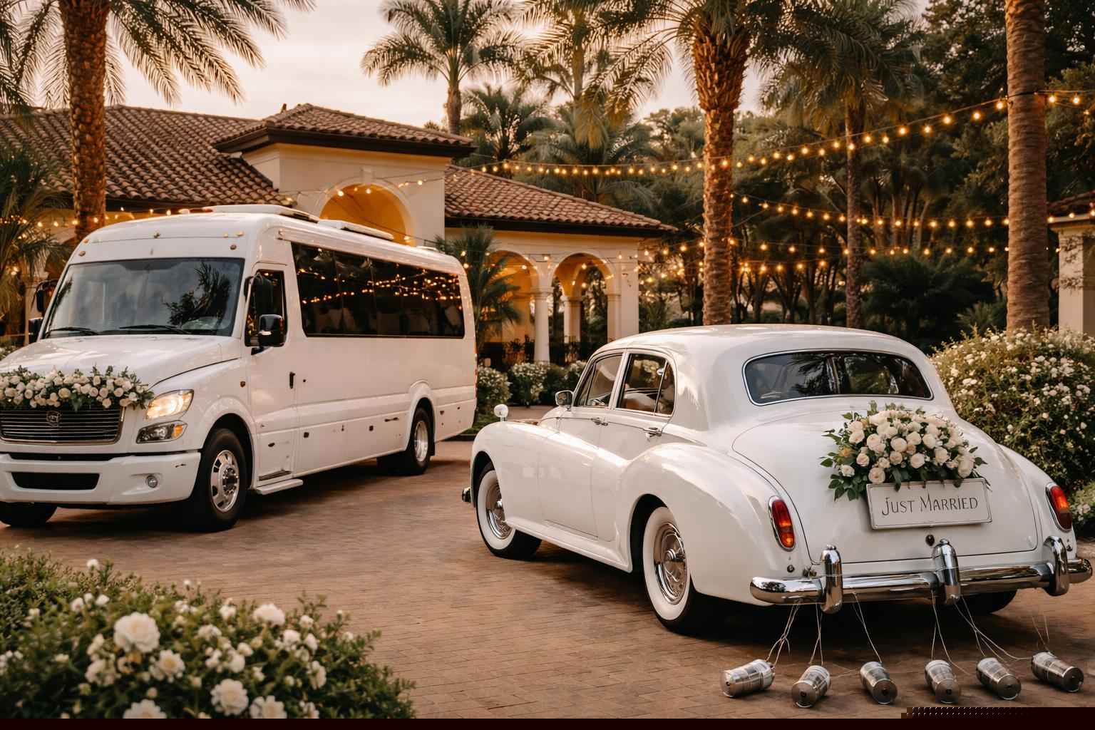 Do you provide wedding day shuttles and a classic vintage getaway car in Orlando Florida