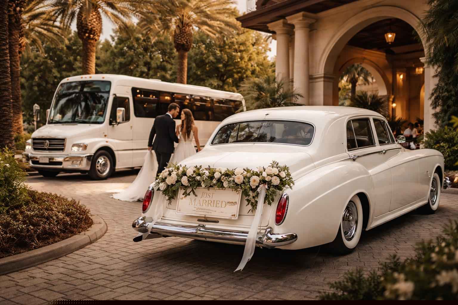 Do you provide wedding day shuttles and a classic vintage getaway car in Orlando Florida?