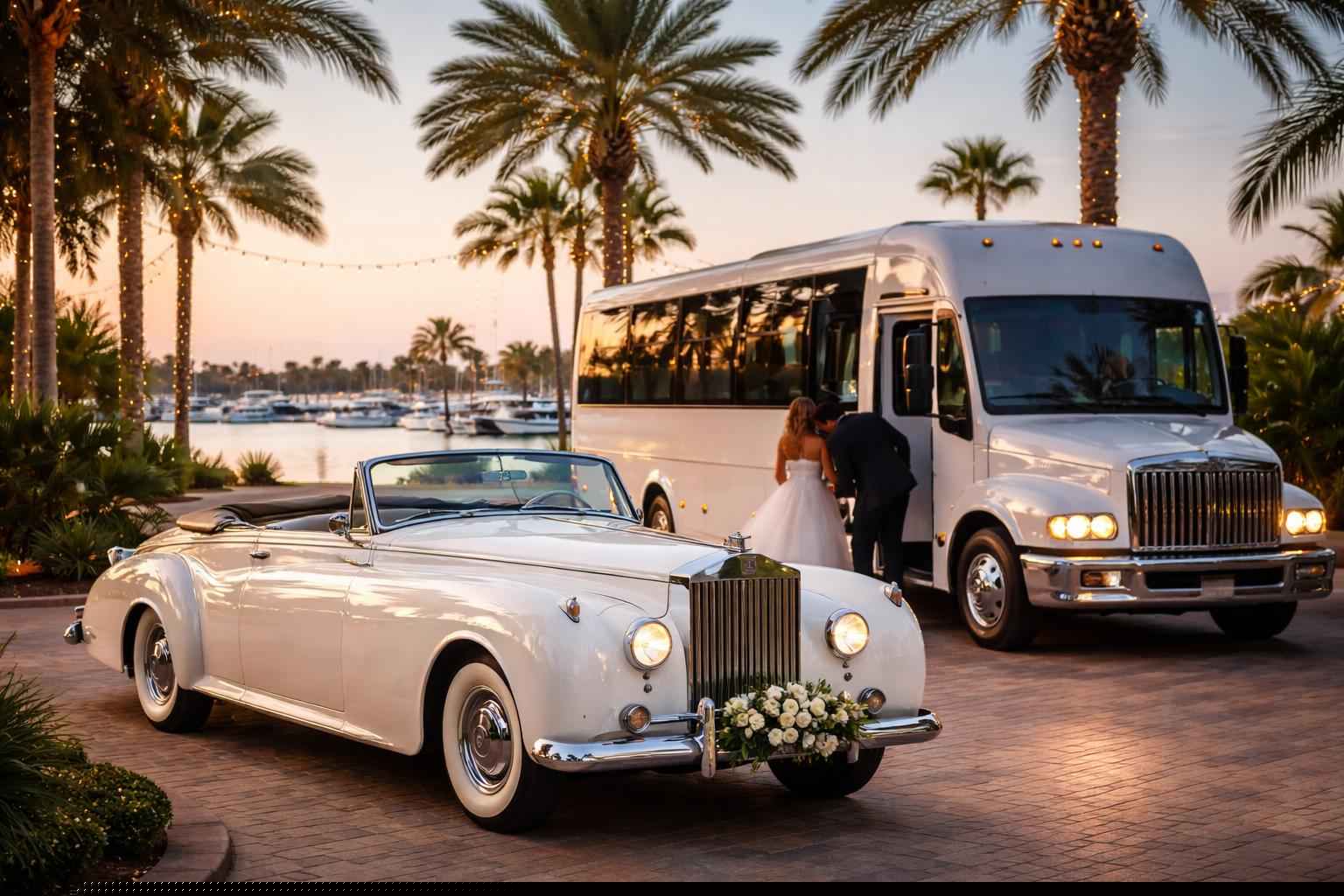 Do you provide wedding day shuttles and a classic vintage getaway car in St. Petersburg Florida?