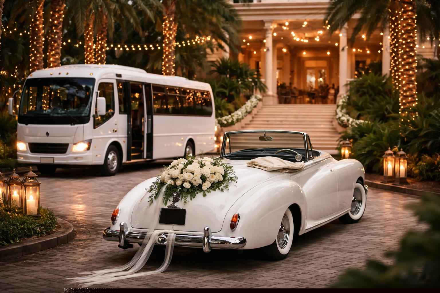 Do you provide wedding day shuttles and a classic vintage getaway car in Tampa Florida?