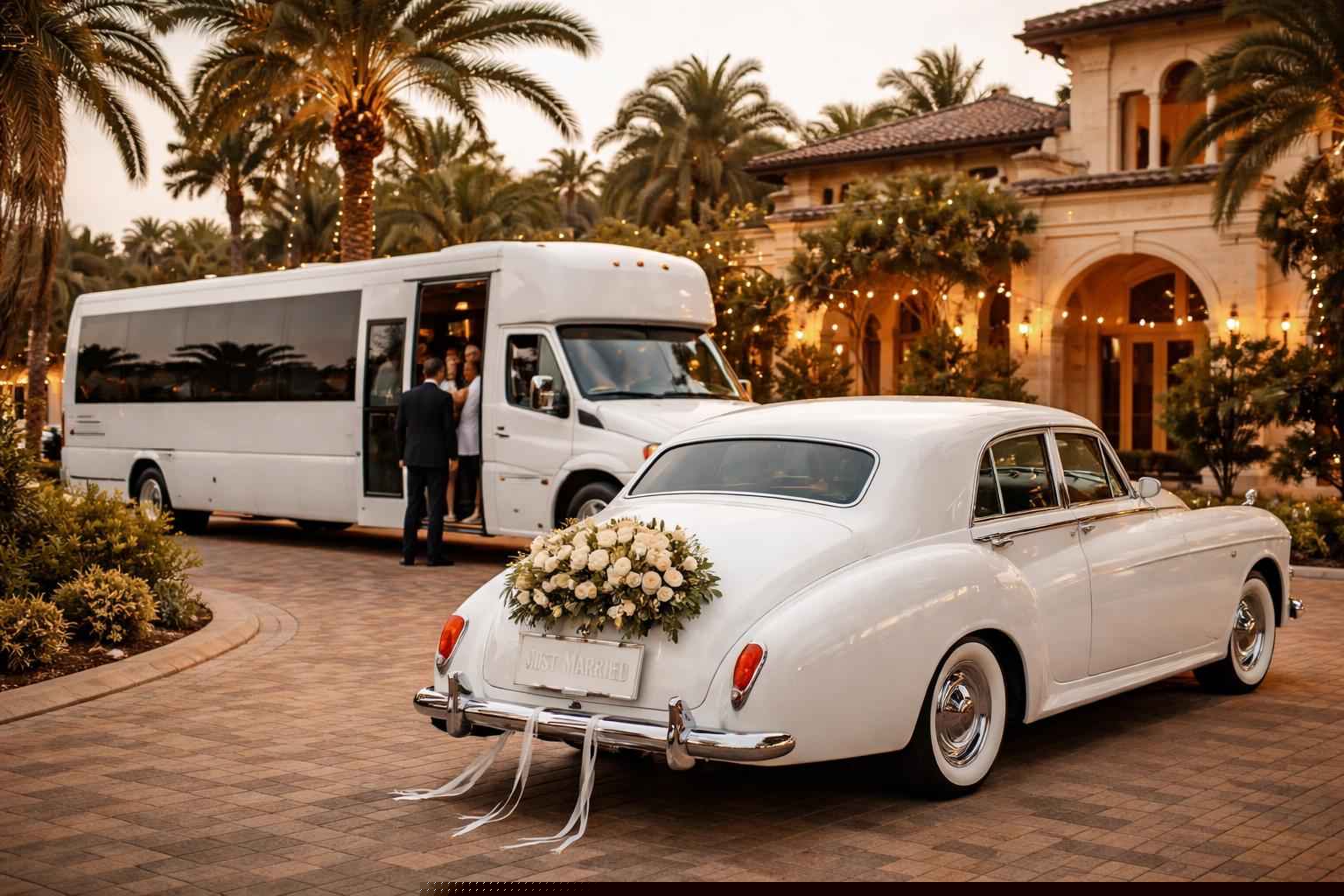 Do you provide wedding day shuttles and a classic vintage getaway car in Tampa Florida?