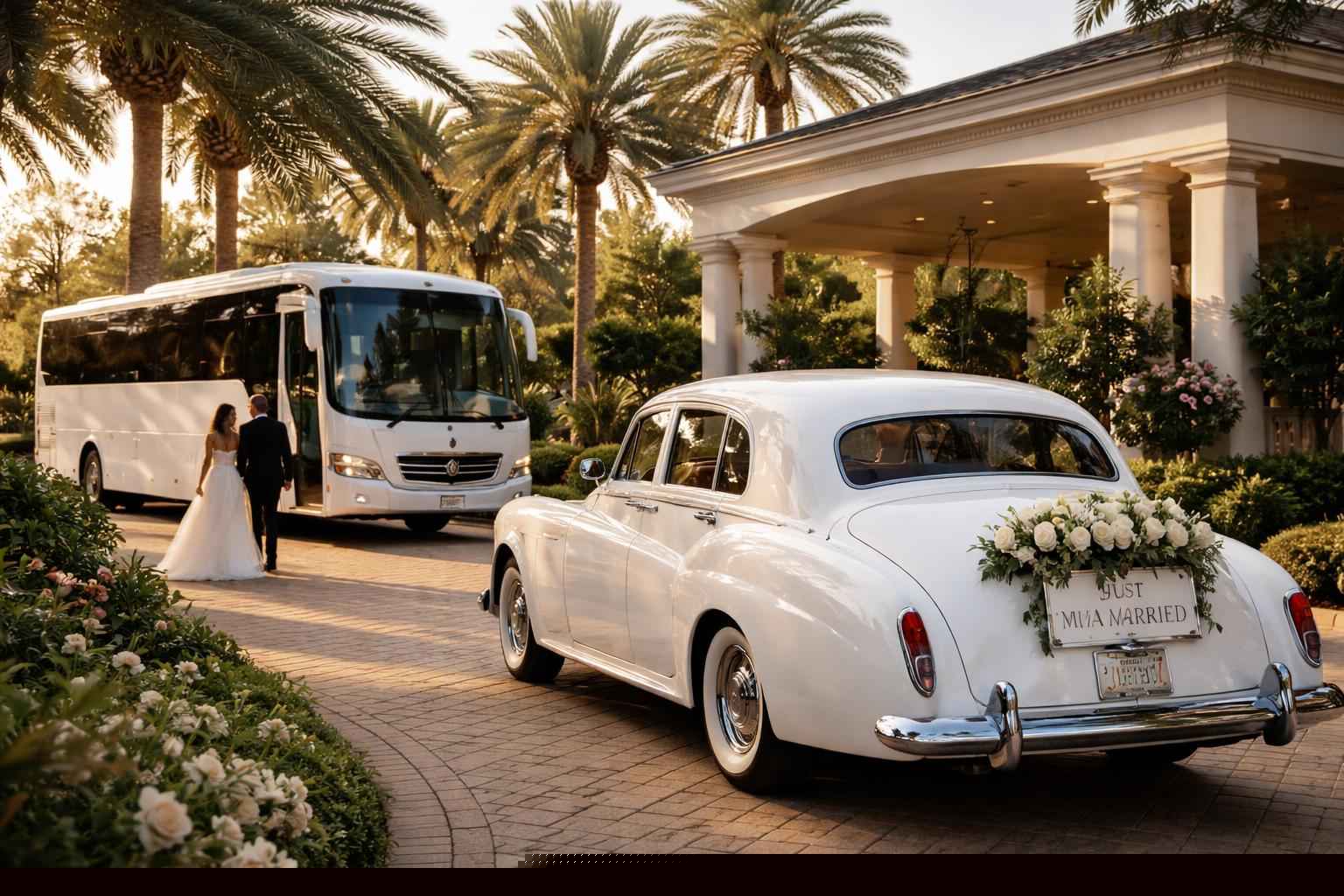 Do you provide wedding day shuttles and a classic vintage getaway car in Tampa Florida?