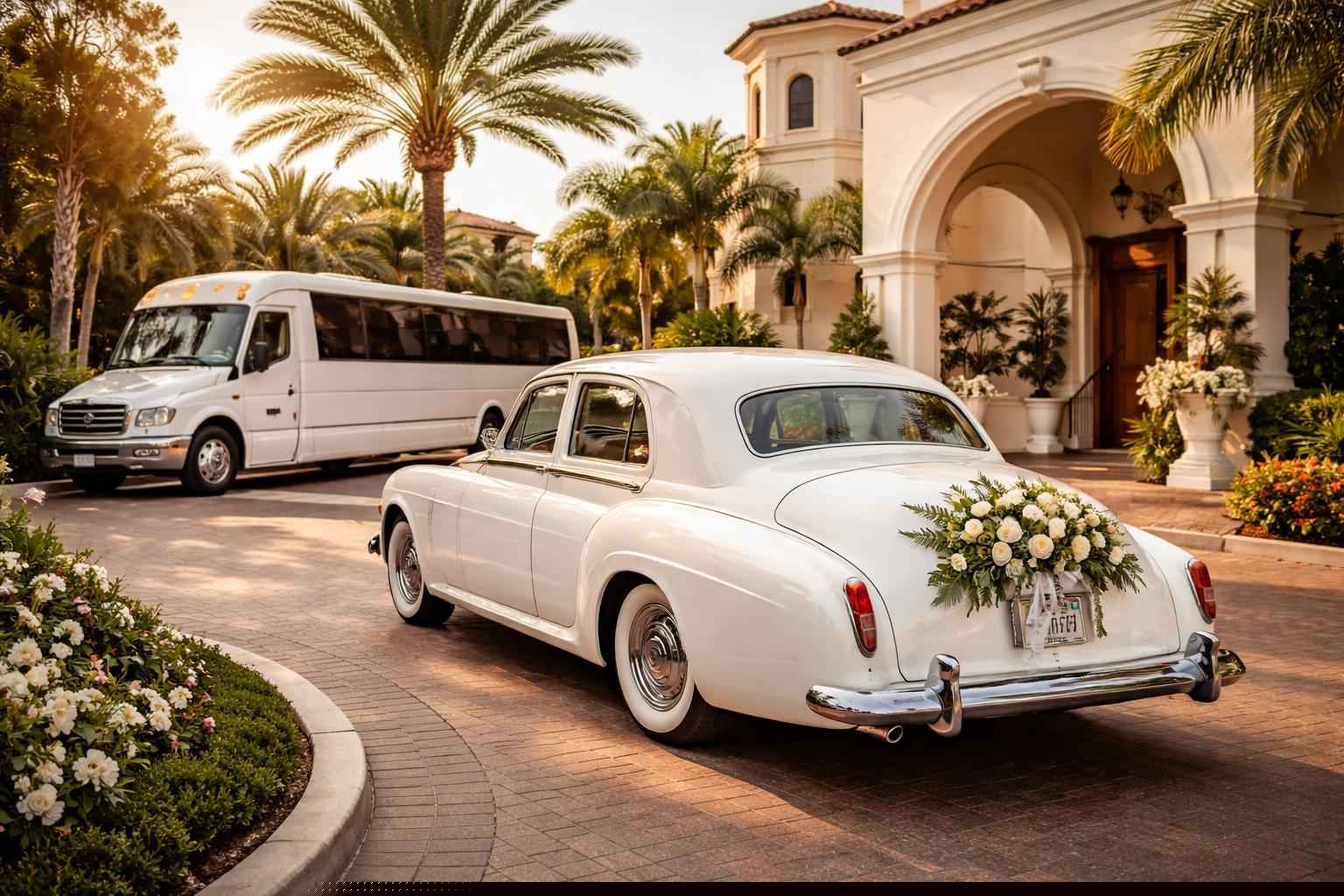 Do you provide wedding day shuttles and a classic vintage getaway car in Tampa Florida