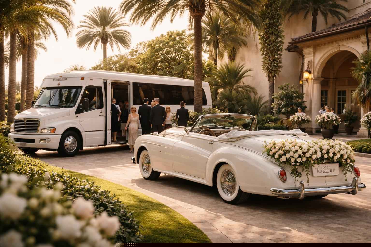 Do you provide wedding day shuttles and a classic vintage getaway car in Tampa Florida?