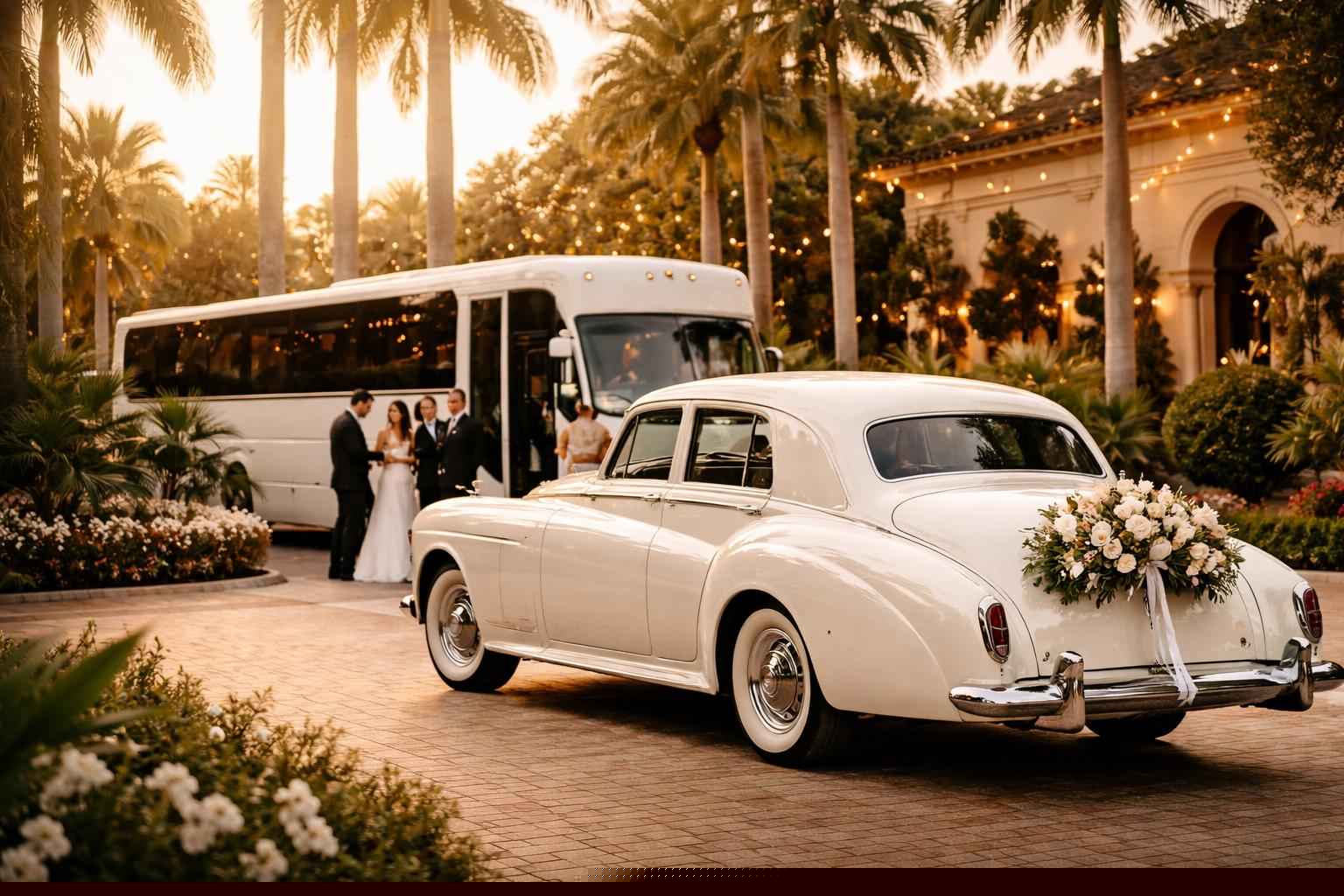 Do you provide wedding day shuttles and a classic vintage getaway car in Tampa Florida?