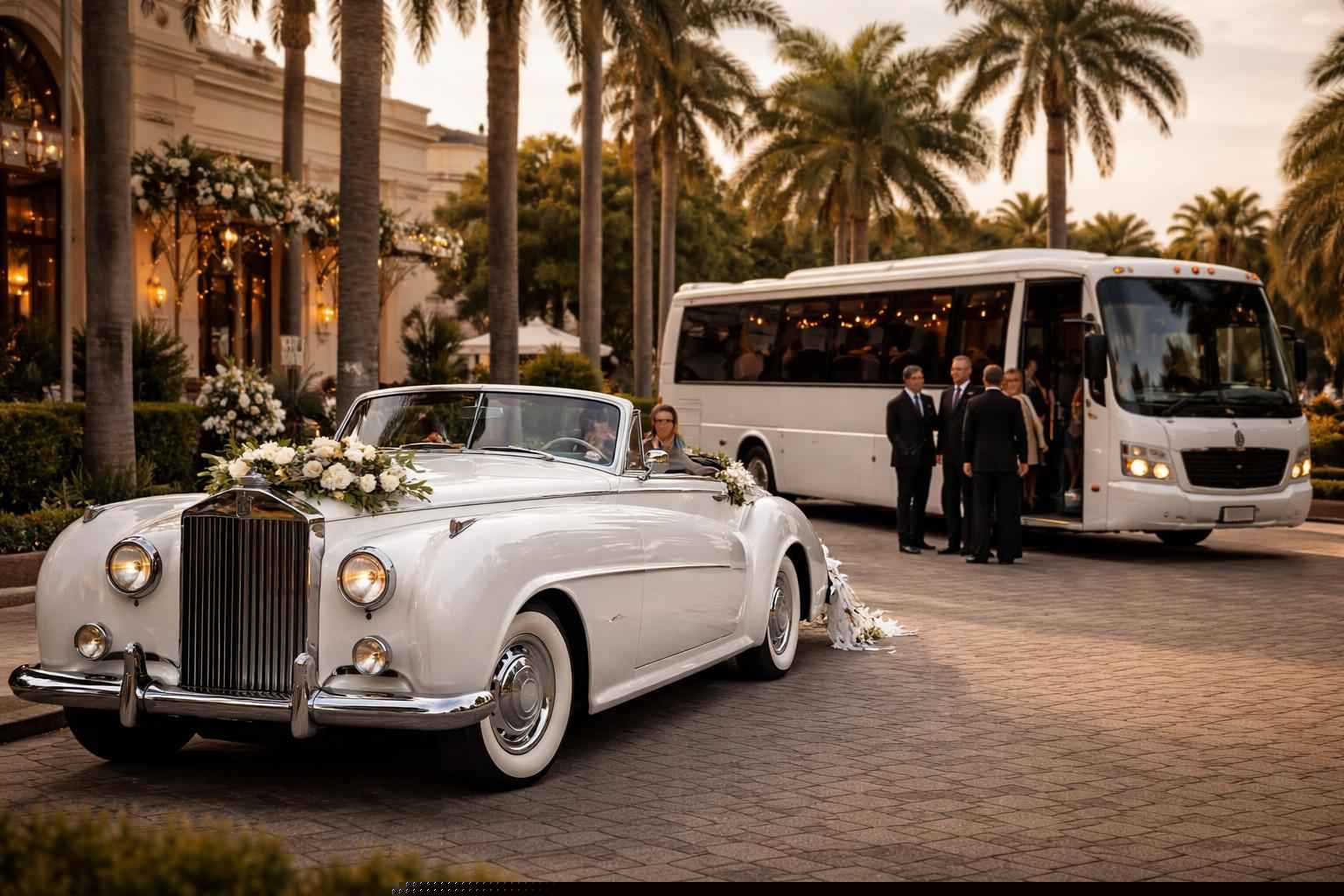 Do you provide wedding day shuttles and a classic vintage getaway car in Tampa Florida?