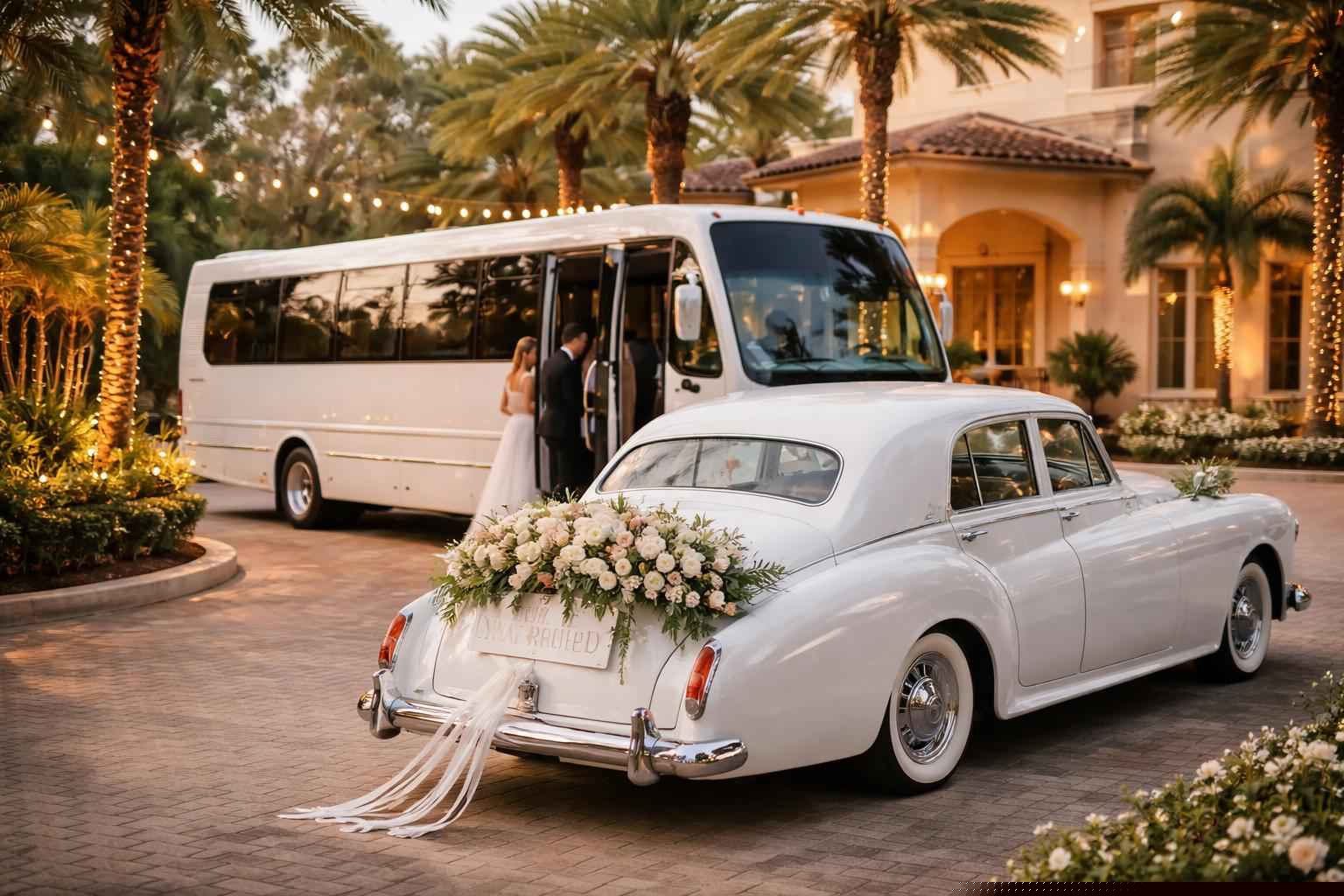 Do you provide wedding day shuttles and a classic vintage getaway car in Tampa Florida?
