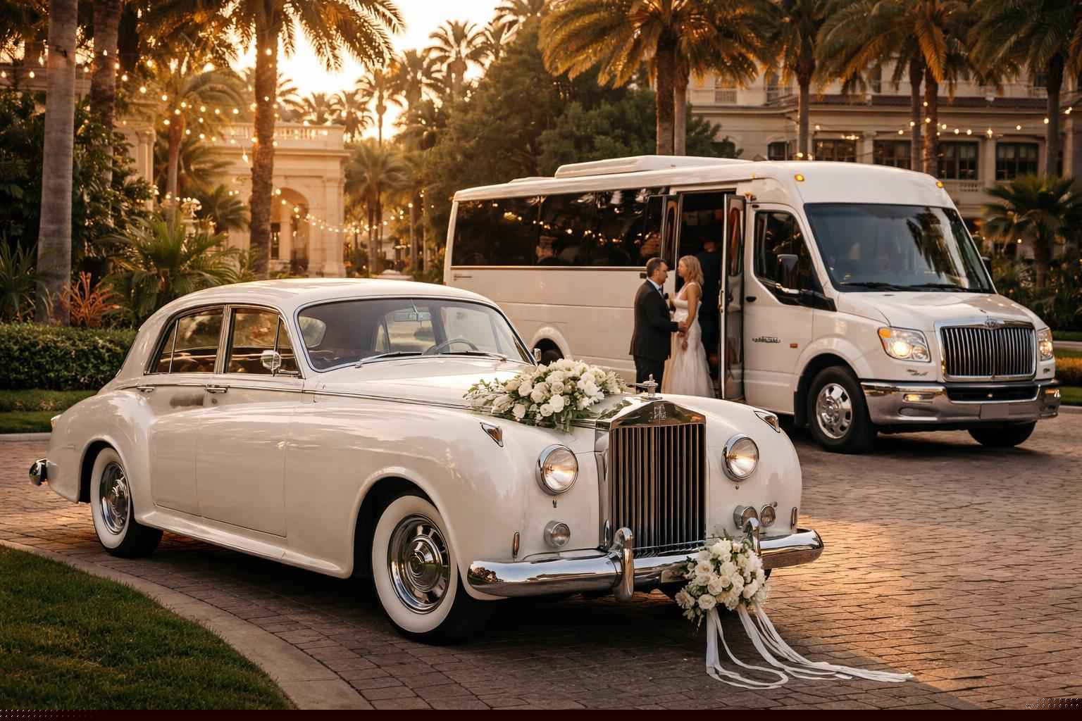 Do you provide wedding day shuttles and a classic vintage getaway car in Tampa Florida?