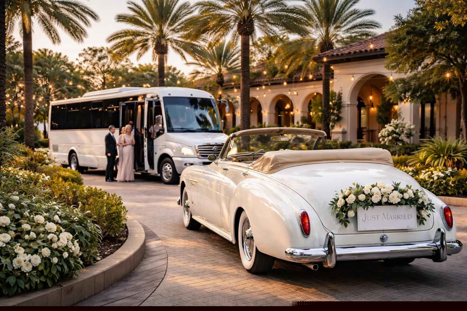 Do you provide wedding day shuttles and a classic vintage getaway car in Tampa Florida?