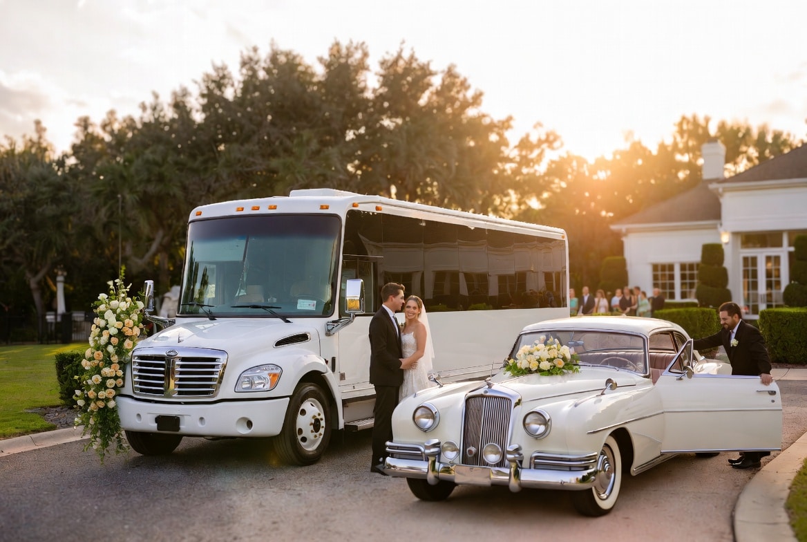 Do you provide wedding day shuttles and a classic vintage getaway car in Tallahassee Florida