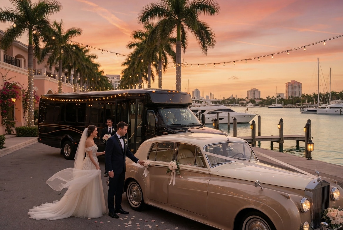 Do you provide wedding day shuttles and a classic vintage getaway car in Fort Lauderdale Florida