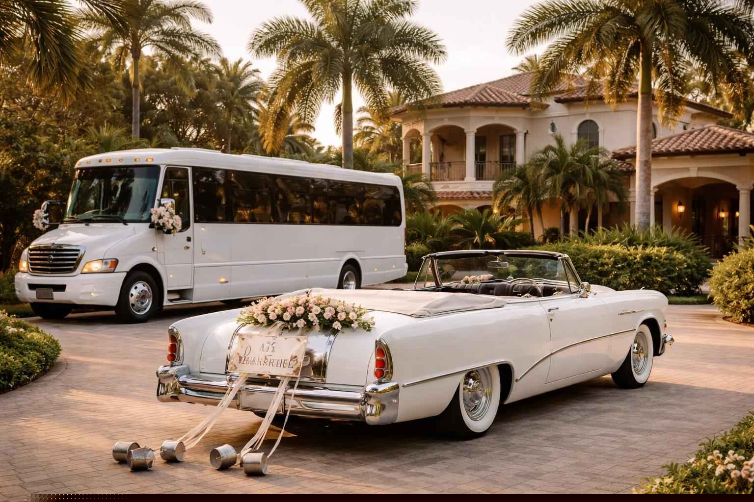 Do you provide wedding day shuttles and a classic vintage getaway car in Port St. Lucie Florida?