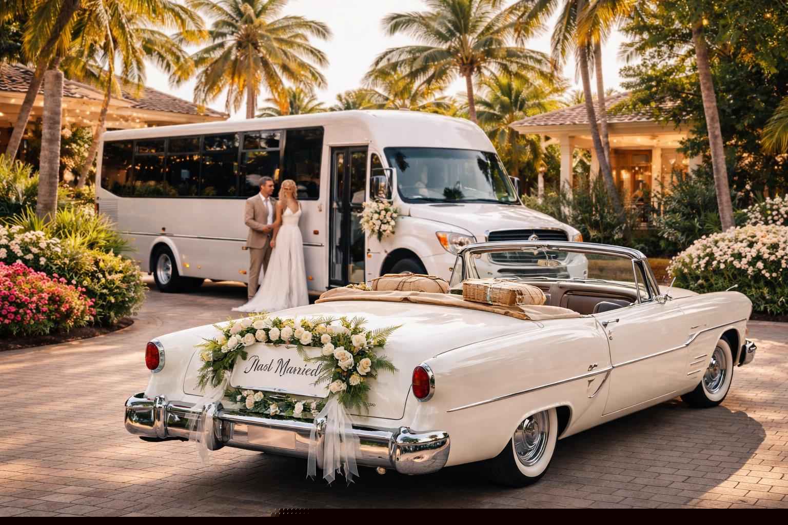 Do you provide wedding day shuttles and a classic vintage getaway car in Cape Coral Florida?
