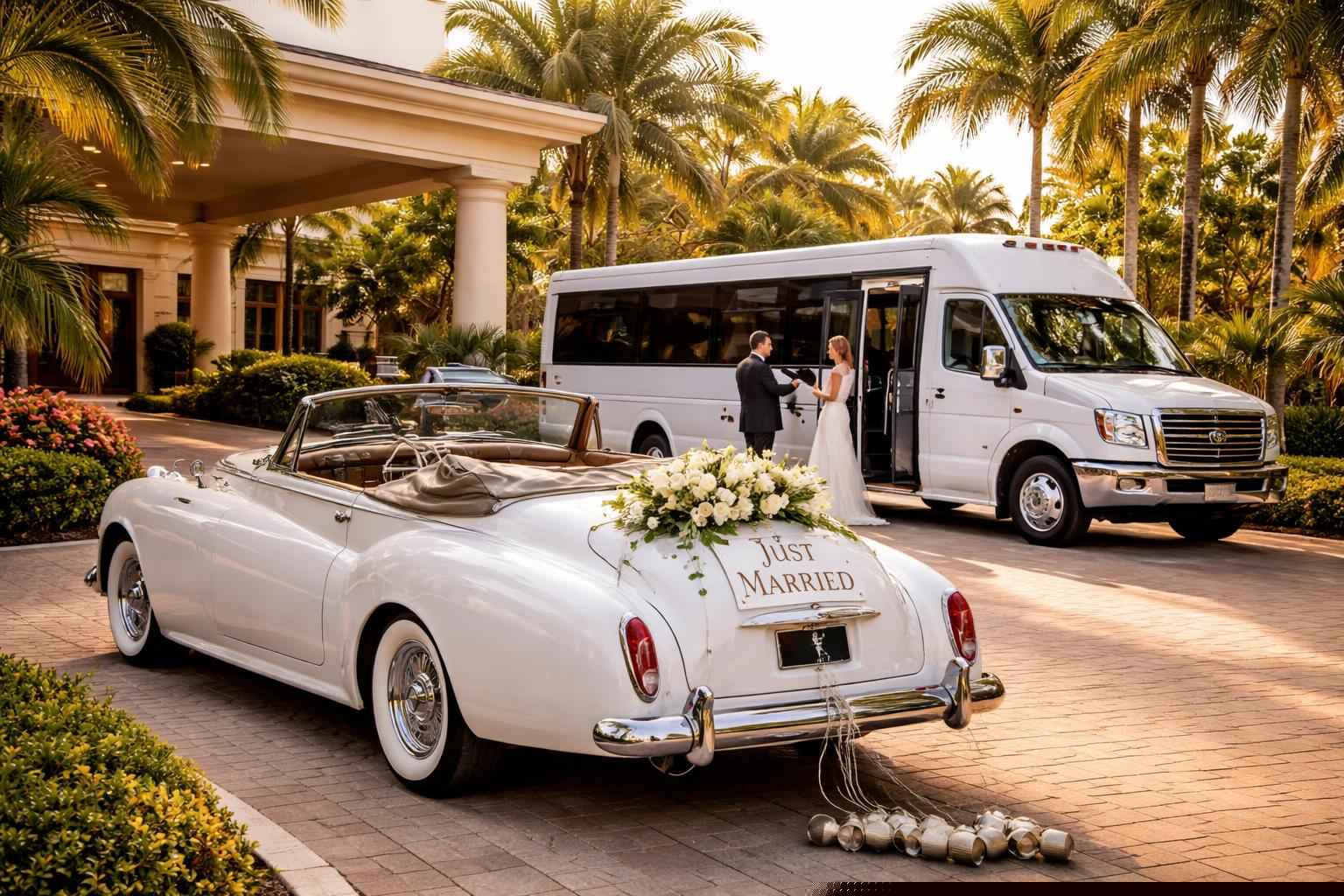 Do you provide wedding day shuttles and a classic vintage getaway car in Cape Coral Florida?