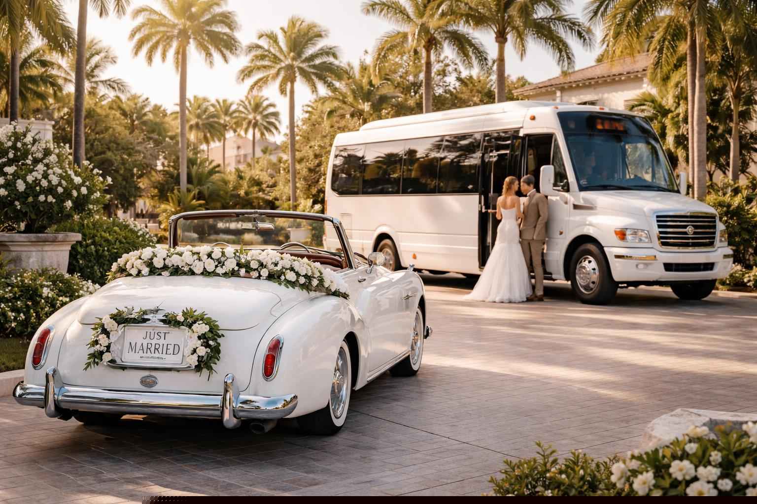 Do you provide wedding day shuttles and a classic vintage getaway car in Cape Coral Florida?