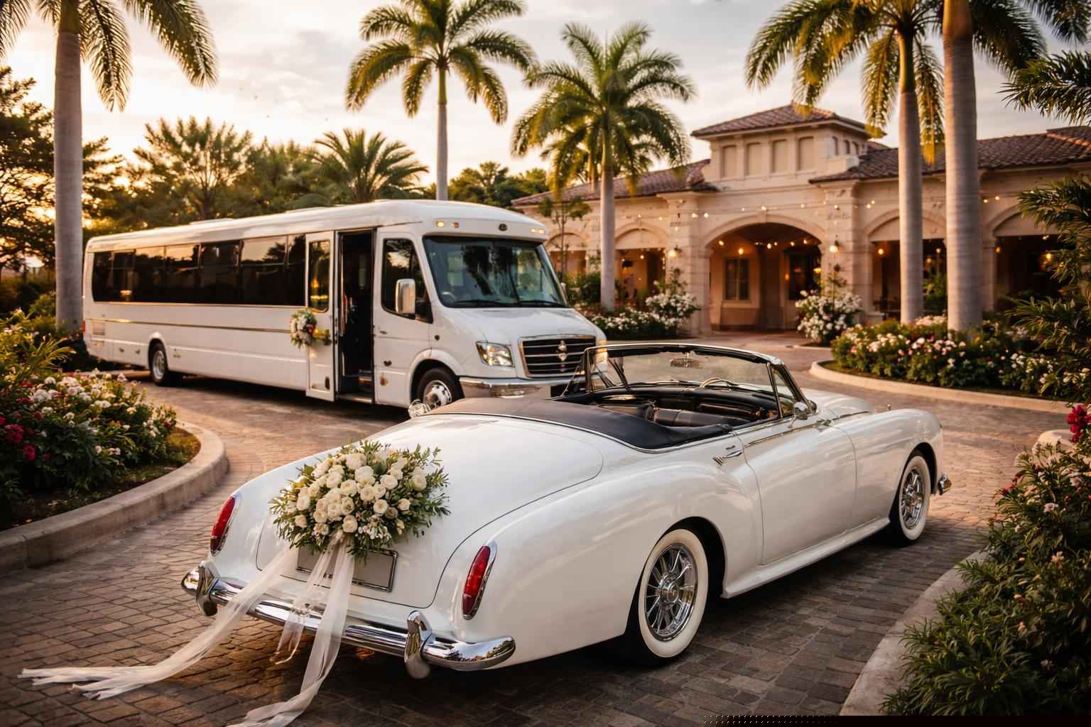 Do you provide wedding day shuttles and a classic vintage getaway car in Cape Coral Florida