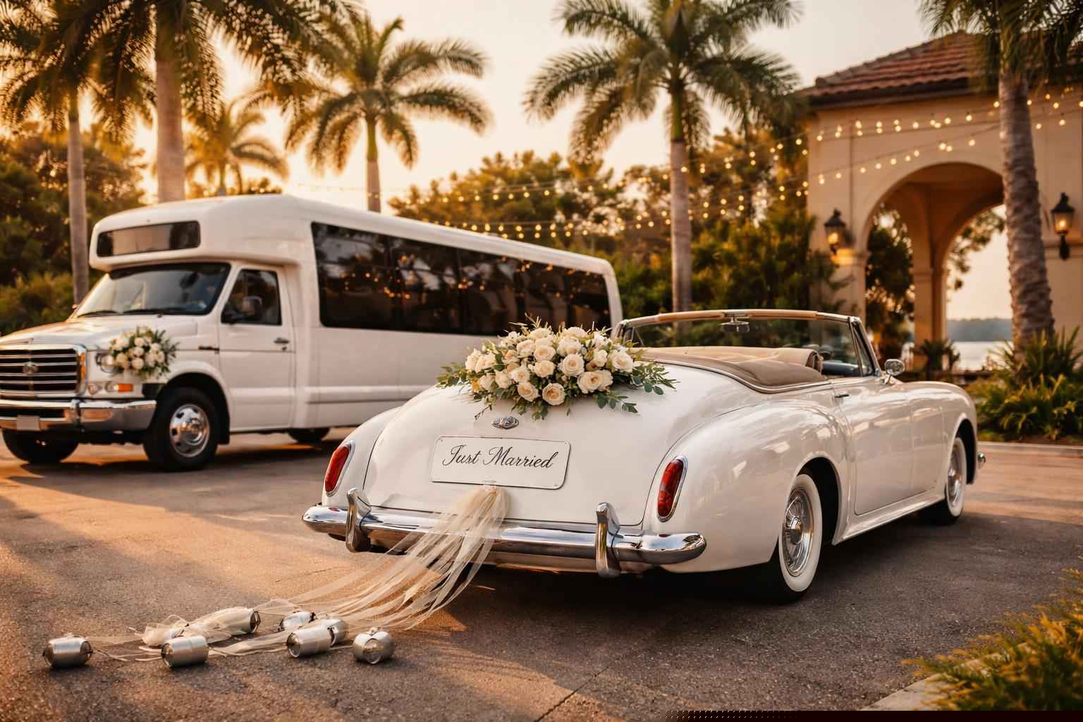 Do you provide wedding day shuttles and a classic vintage getaway car in Cape Coral Florida?