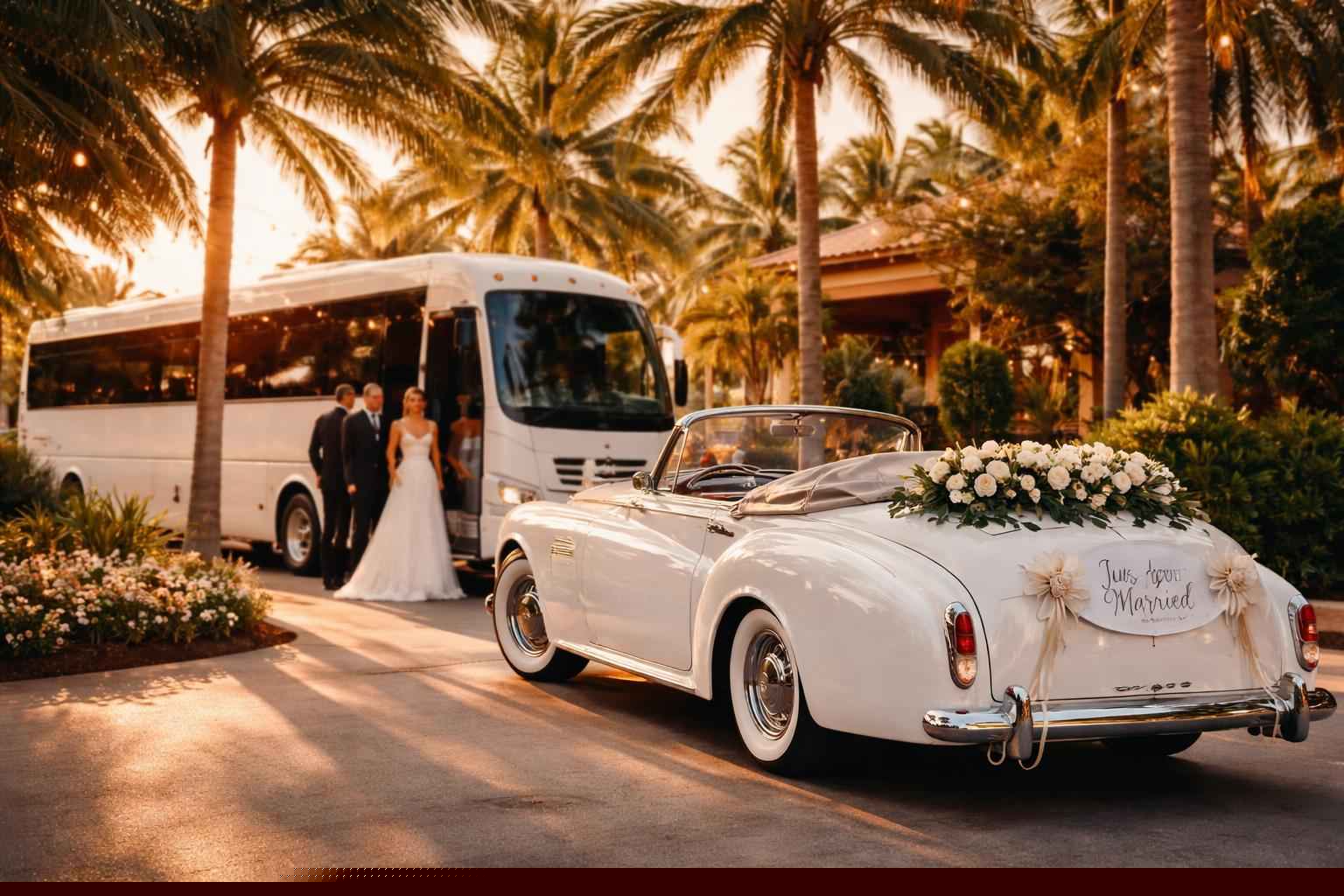 Do you provide wedding day shuttles and a classic vintage getaway car in Cape Coral Florida?