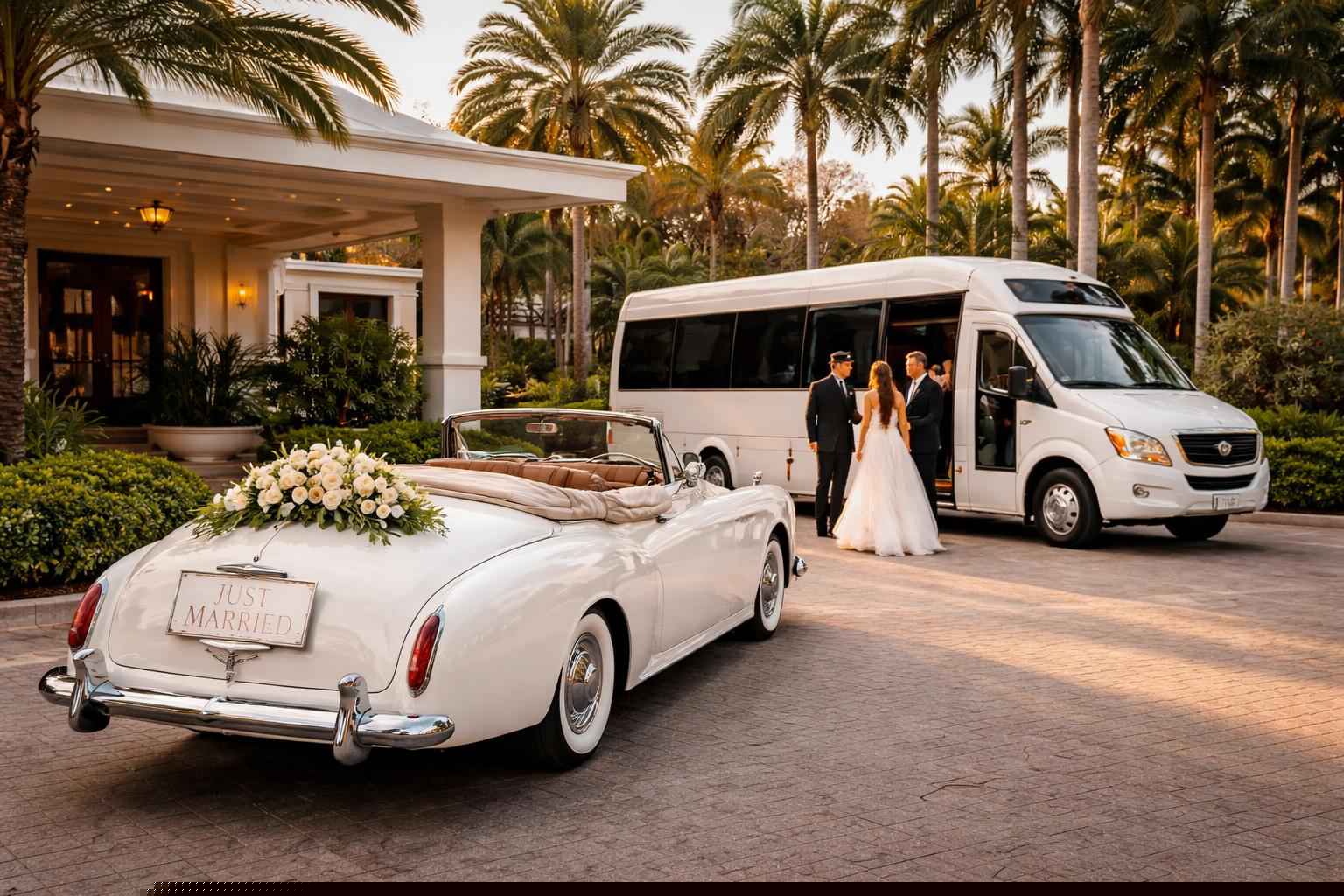 Do you provide wedding day shuttles and a classic vintage getaway car in Fort Lauderdale Florida?