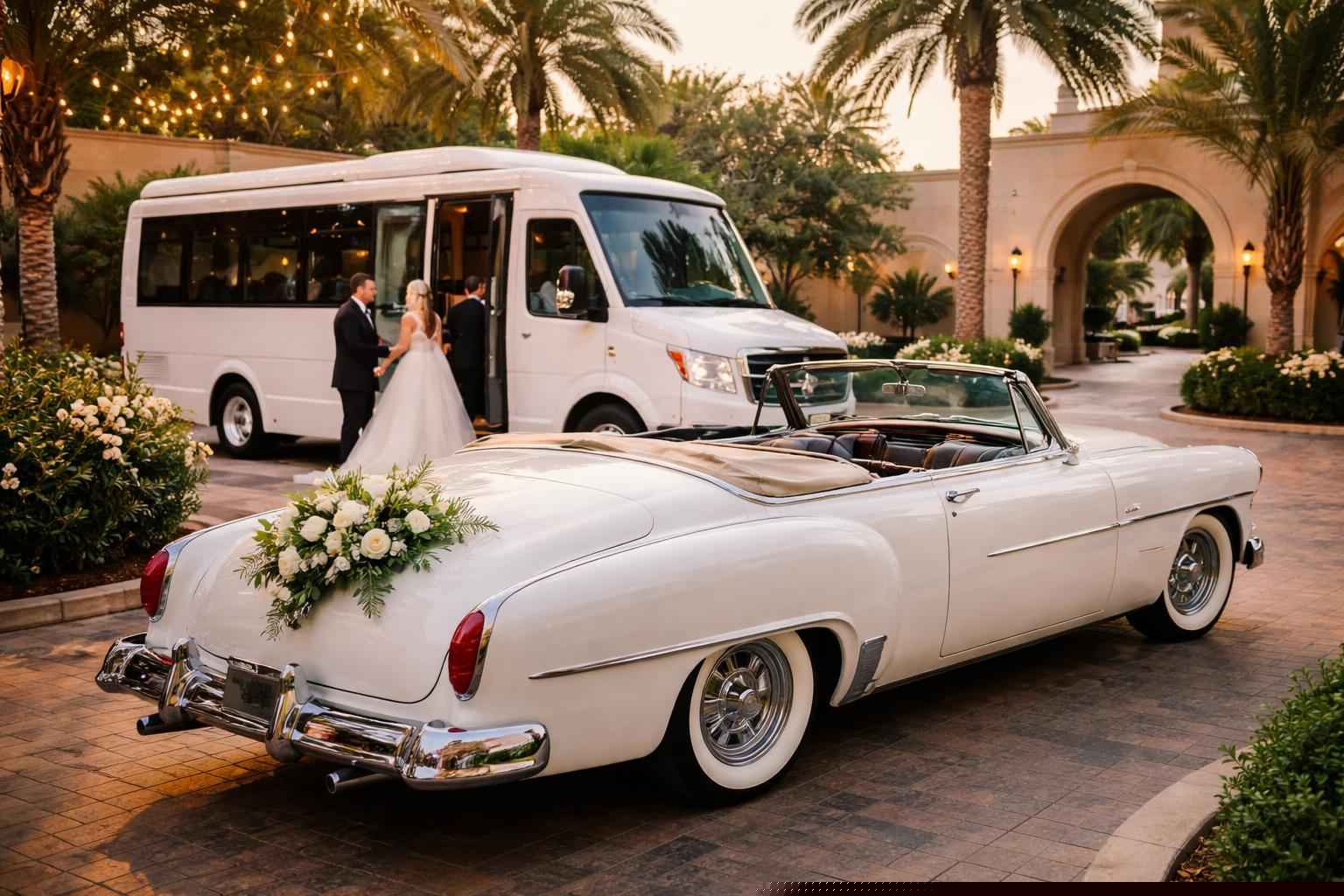 Do you provide wedding day shuttles and a classic vintage getaway car in Hialeah Florida?