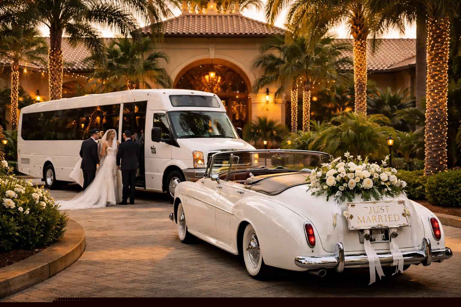 Do you provide wedding day shuttles and a classic vintage getaway car in Hialeah Florida