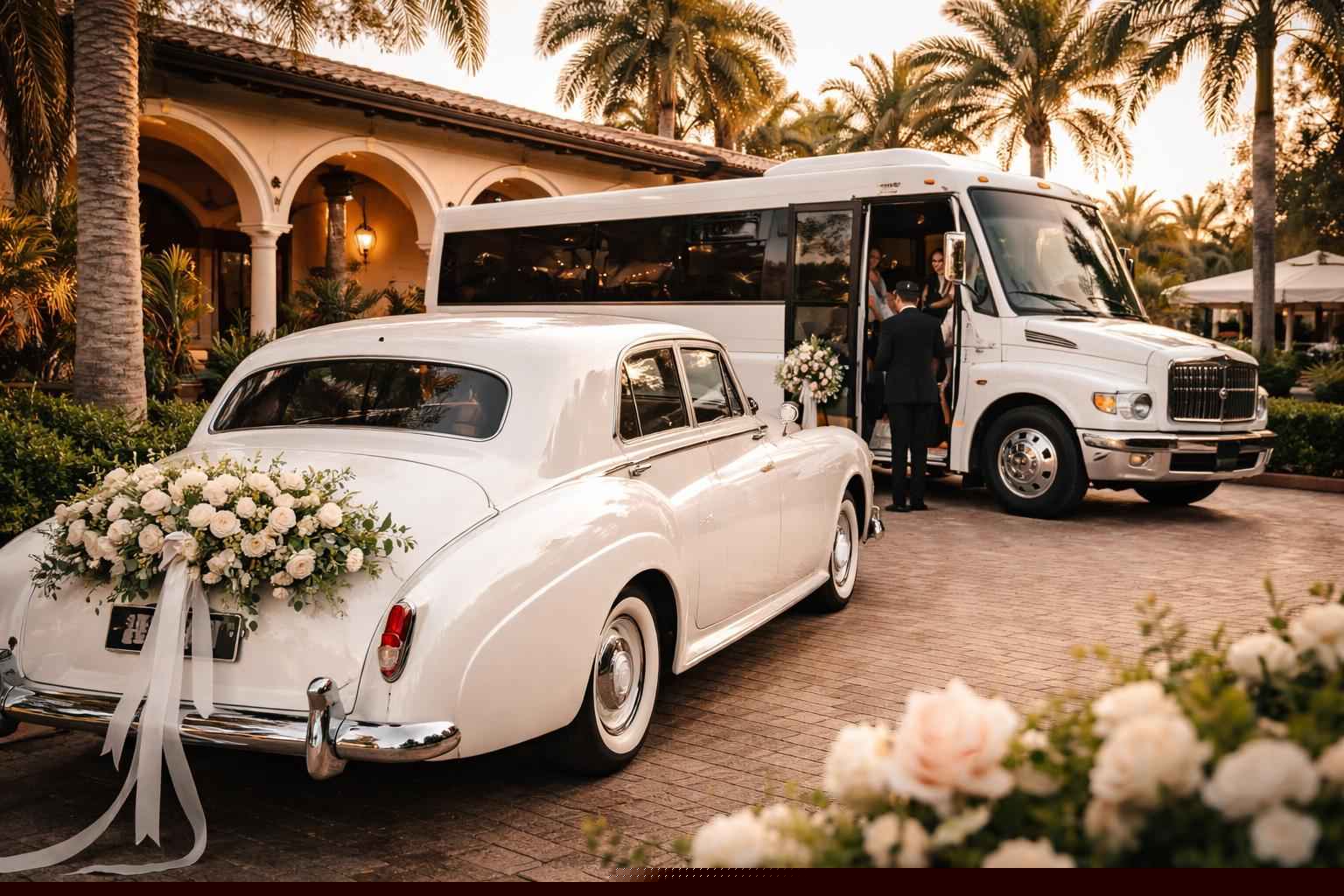 Do you provide wedding day shuttles and a classic vintage getaway car in Hialeah Florida