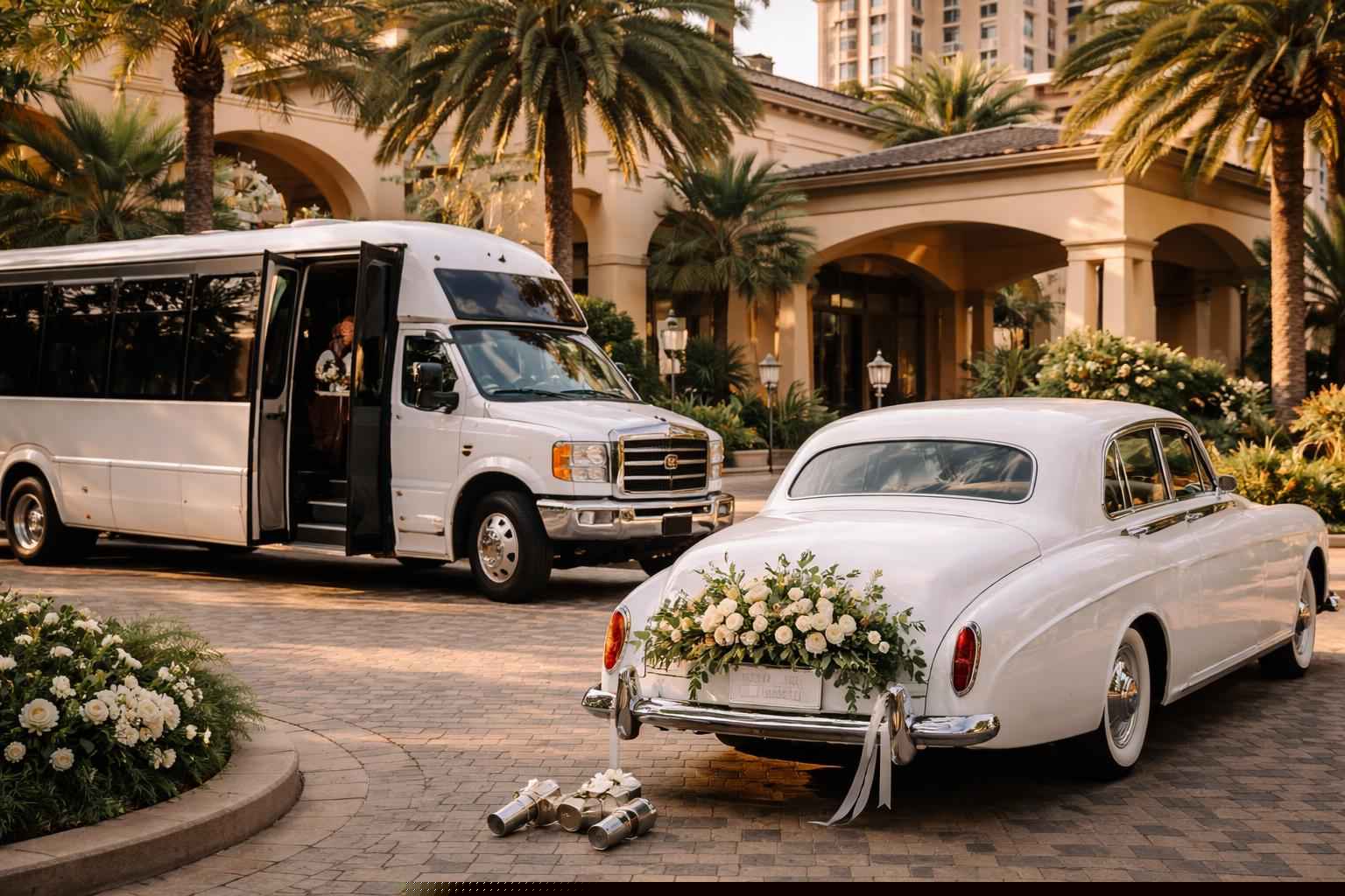Do you provide wedding day shuttles and a classic vintage getaway car in Hialeah Florida?