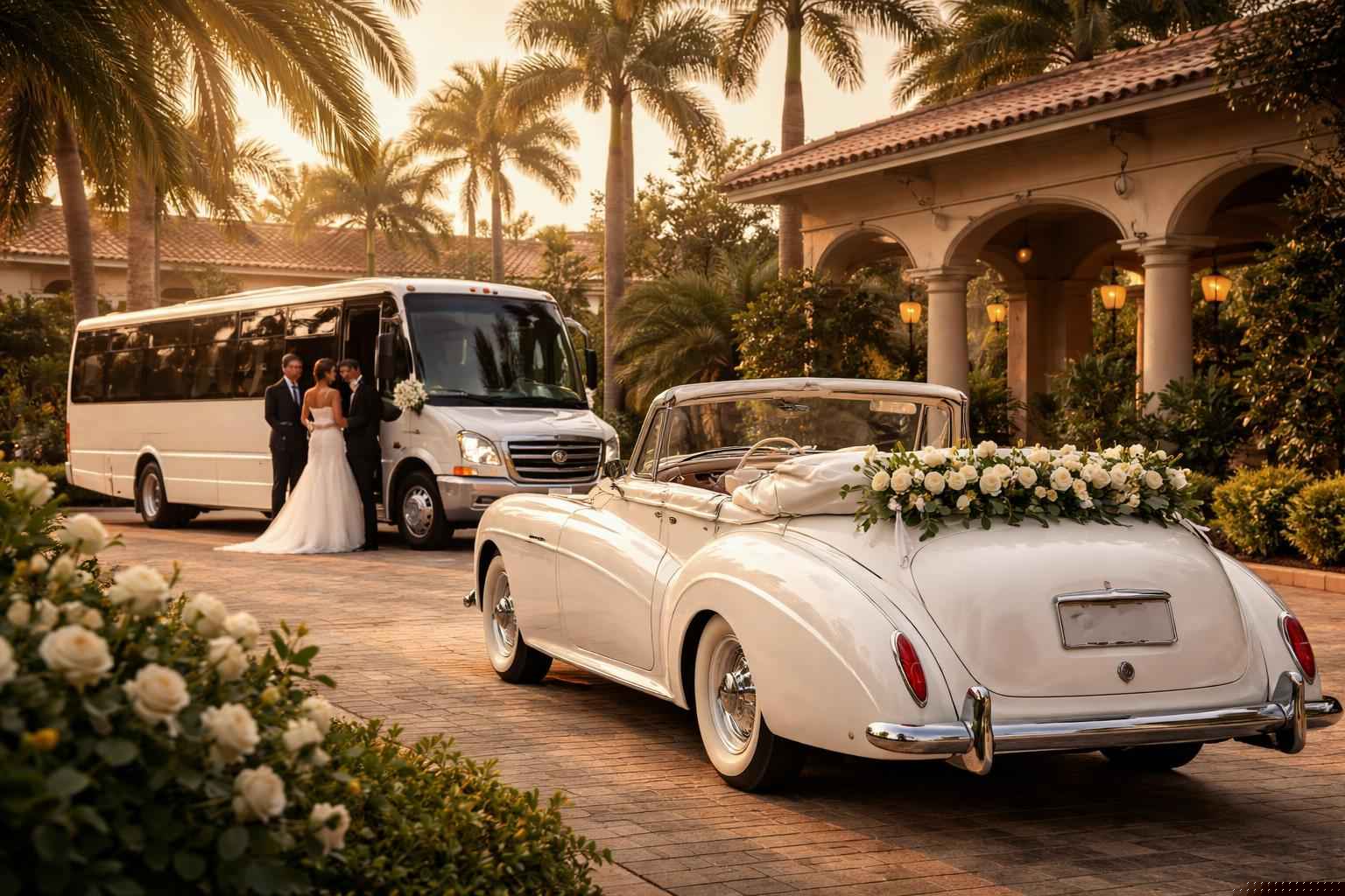 Do you provide wedding day shuttles and a classic vintage getaway car in Hialeah Florida?