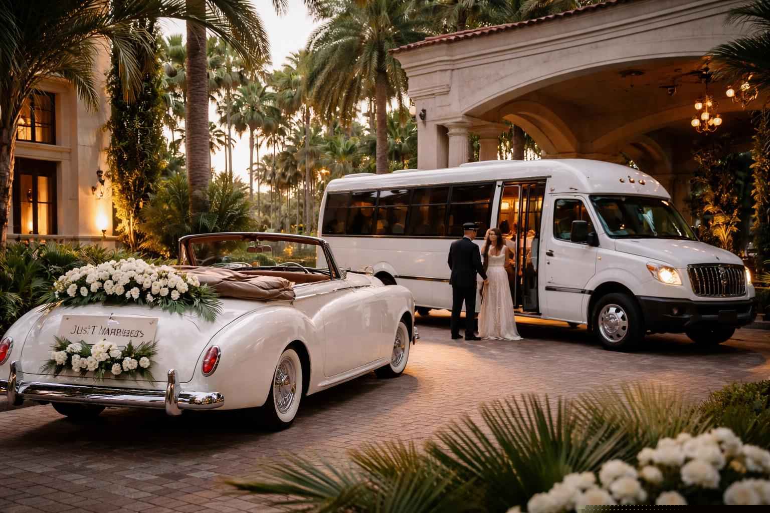 Do you provide wedding day shuttles and a classic vintage getaway car in Hollywood Florida?